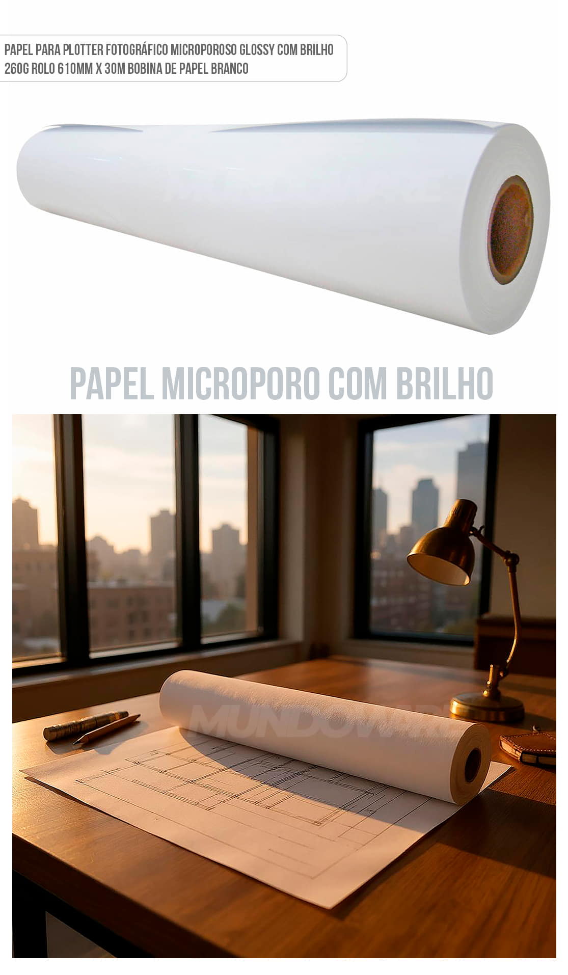 Papel para Plotter Fotográfico Microporoso Glossy Com Brilho 260g Rolo 610mm x 30m Bobina de Papel Branco