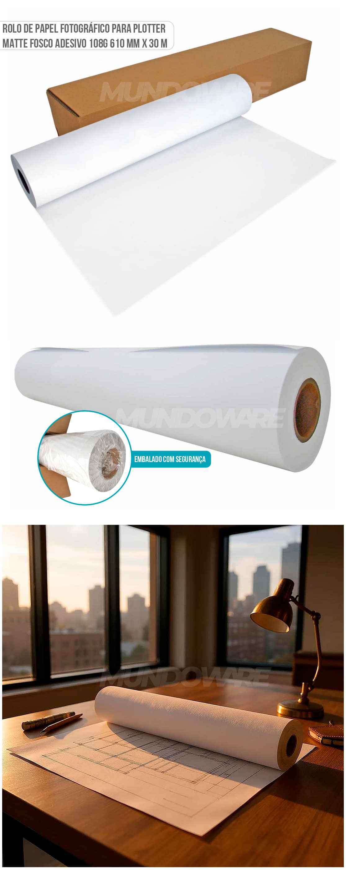 Bobina de Papel para Plotter Matte Fosco Adesivo 108g Rolo de 610mm x 30m Papel Fotográfico Branco