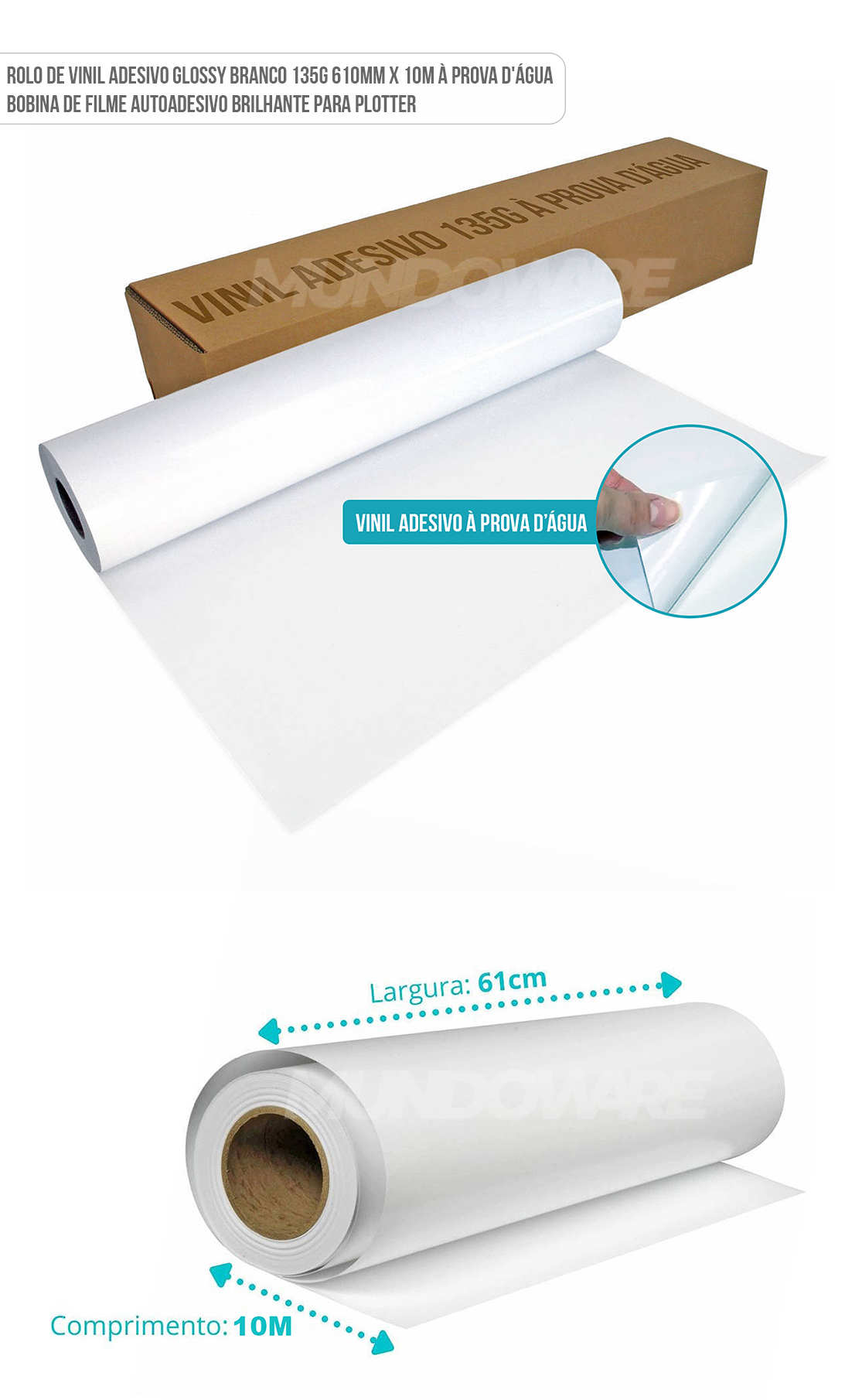 Bobina de Vinil Adesivo Glossy Branco 135g 610mm x 10m À Prova D'Água Rolo de Filme Autoadesivo Brilhante para Plotter Rolo de Vinil Adesivo Glossy Branco 135g 610mm x 10m À Prova D'Água Bobina de Filme Autoadesivo Brilhante para Plotter