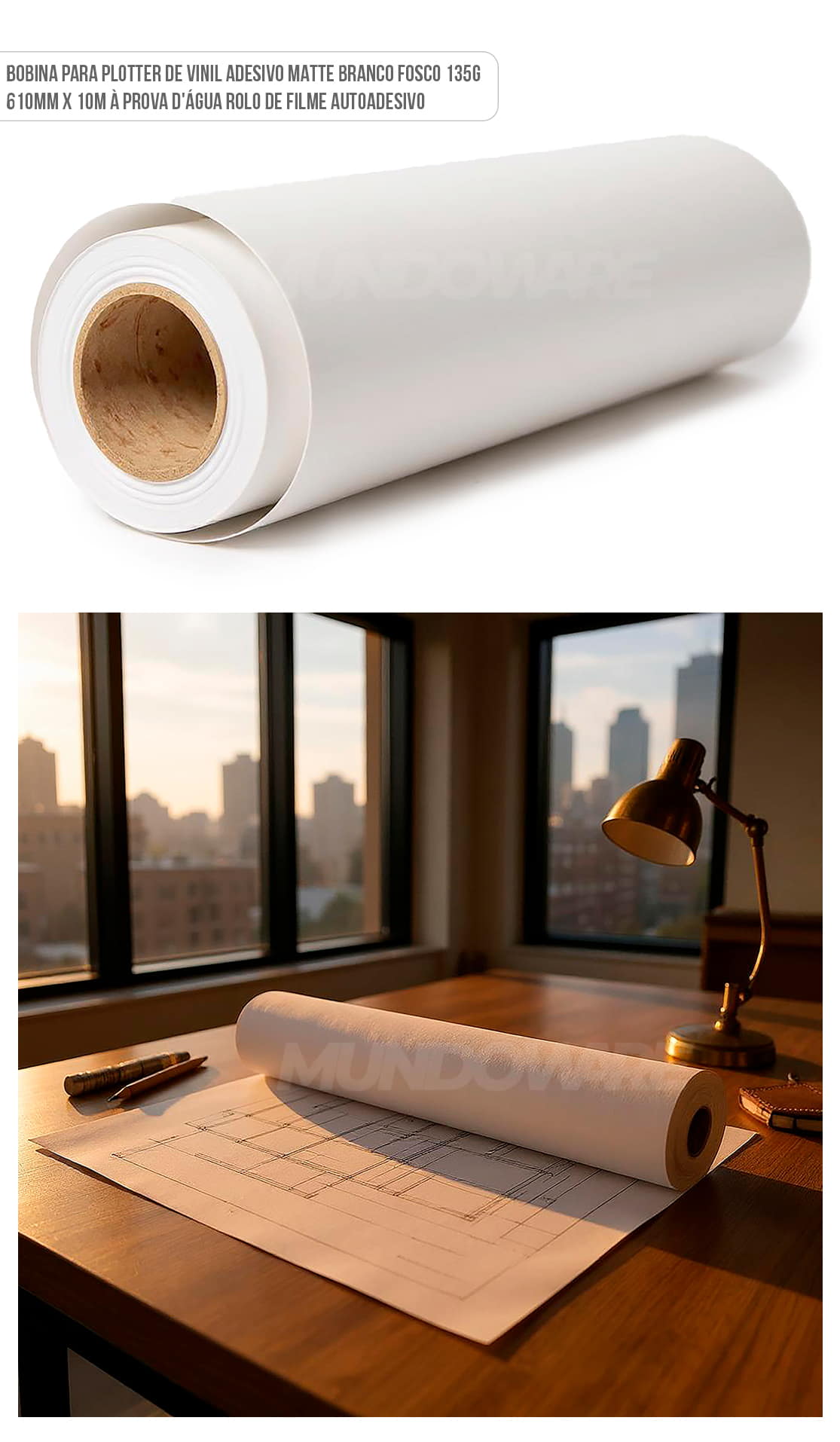 Bobina para Plotter de Vinil Adesivo Matte Branco Fosco 135g 610mm x 10m À Prova D'Água Rolo de Filme Autoadesivo