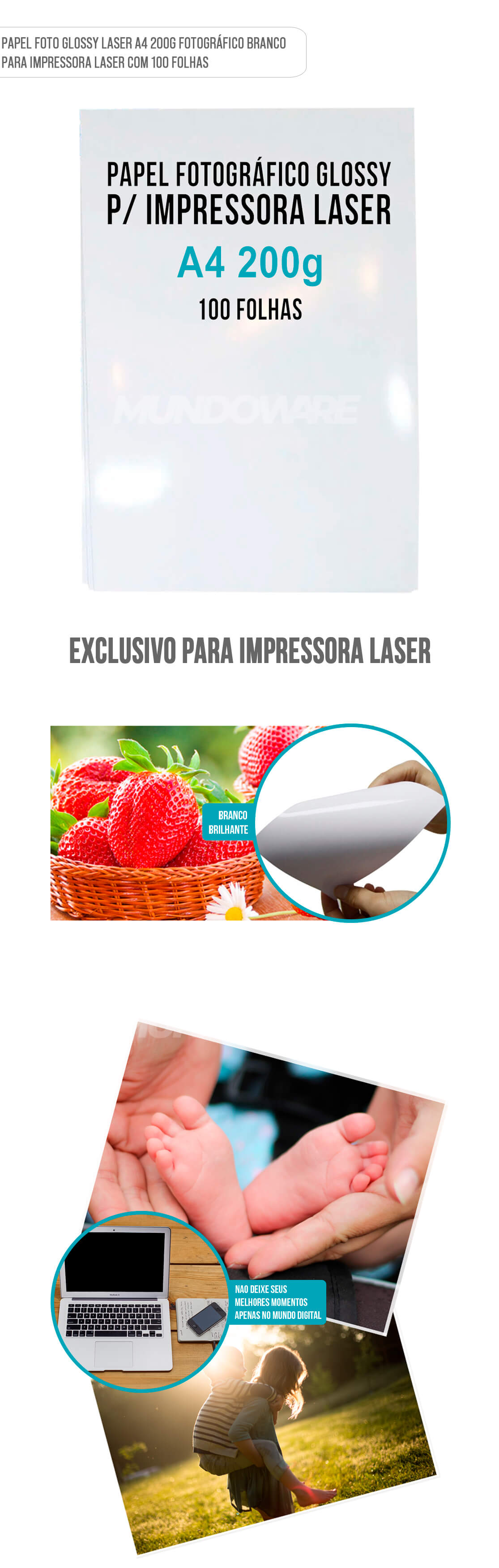 Papel Foto Glossy Laser A4 200g Fotográfico Branco para Impressora Laser com 100 Folhas Papel Fotográfico Laser Glossy A4 200g Fotográfico Branco para Impressora Laser com 100 Folhas