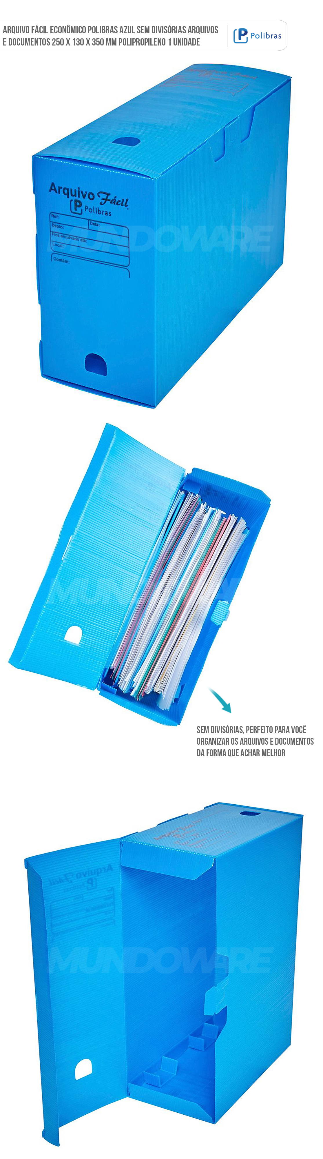 Arquivo Fácil Econômico Polibras Azul Sem Divisórias Arquivos e Documentos 250 x 130 x 350 mm Polipropileno 1 Unidade