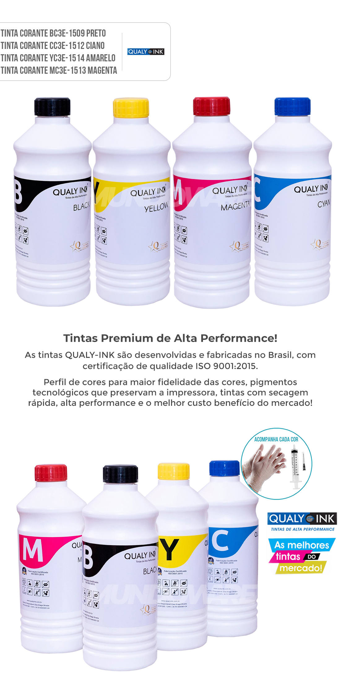 Kit 4 Cores Refil de Tinta Qualy-Ink Corante para Epson série 544 504 impressoras L3108 L3110 L3111 L3118 L3119 L3150 L3158 L4150 L4158 L4160 L4168 L5190 L6160 L6161 L6168 L6170 L6171 L6191 L6198 4 Litros