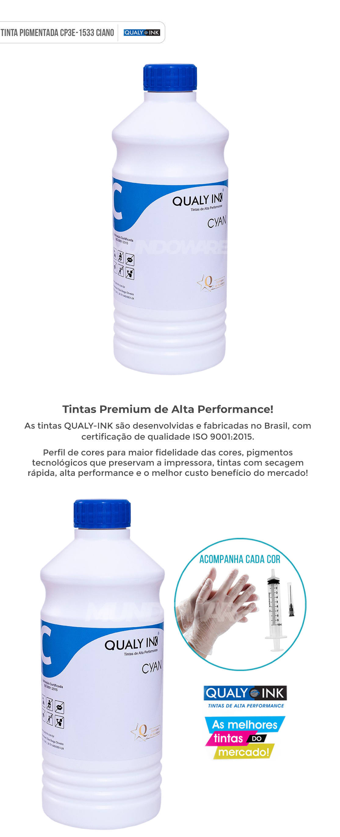 Tinta Pigmentada Ciano Qualy-Ink CP3E-1533 Compatvel com 504 544 para Epson L3111 L3150 L4150 L5190 L6160 Refil 1L