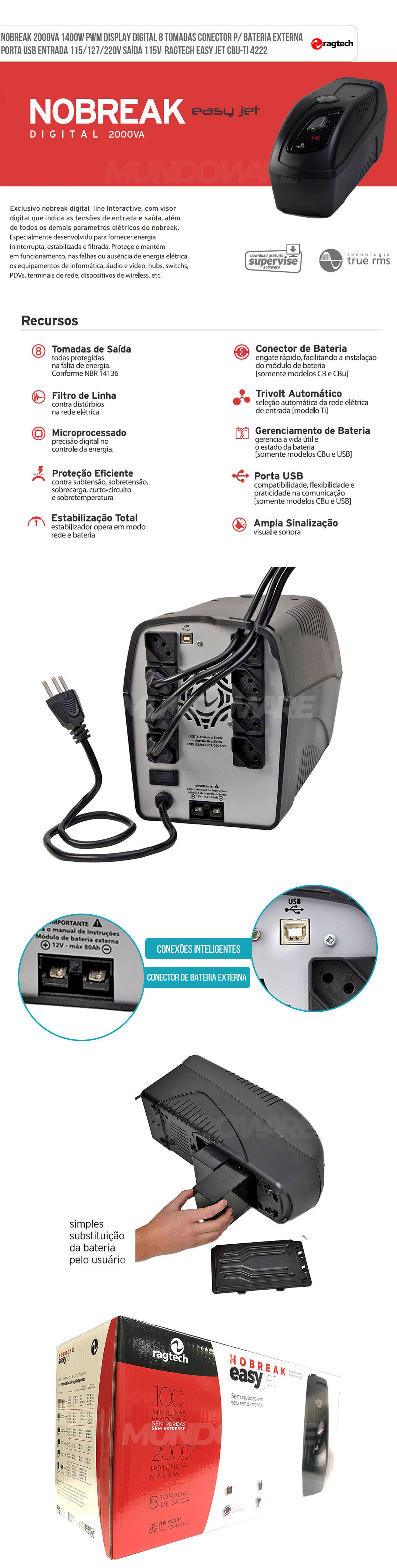 Nobreak 2000VA 1400W PWM 8 Tomadas Display Digital E.115/127/220V S.115V Conector Bateria Externa Porta USB Ragtech 4222