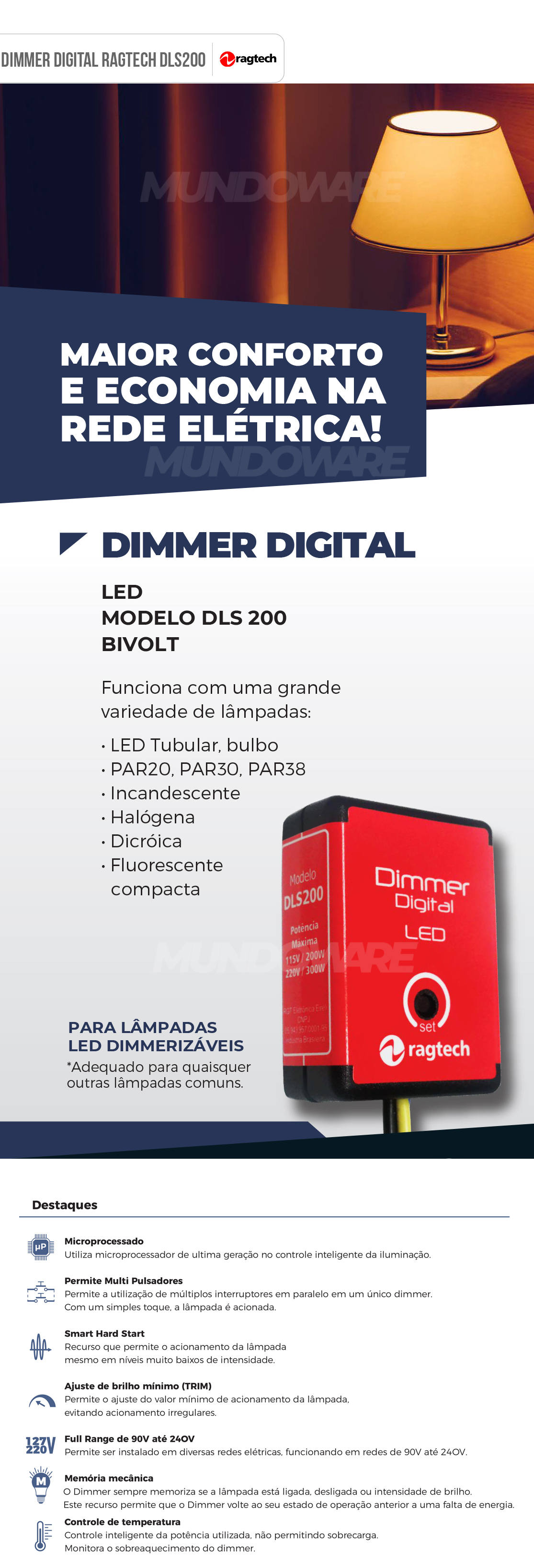 Dimmer Digital LED Bivolt 127V-220V para lâmpadas dimerizáveis LED ou Incandescentes Ragtech DLS200