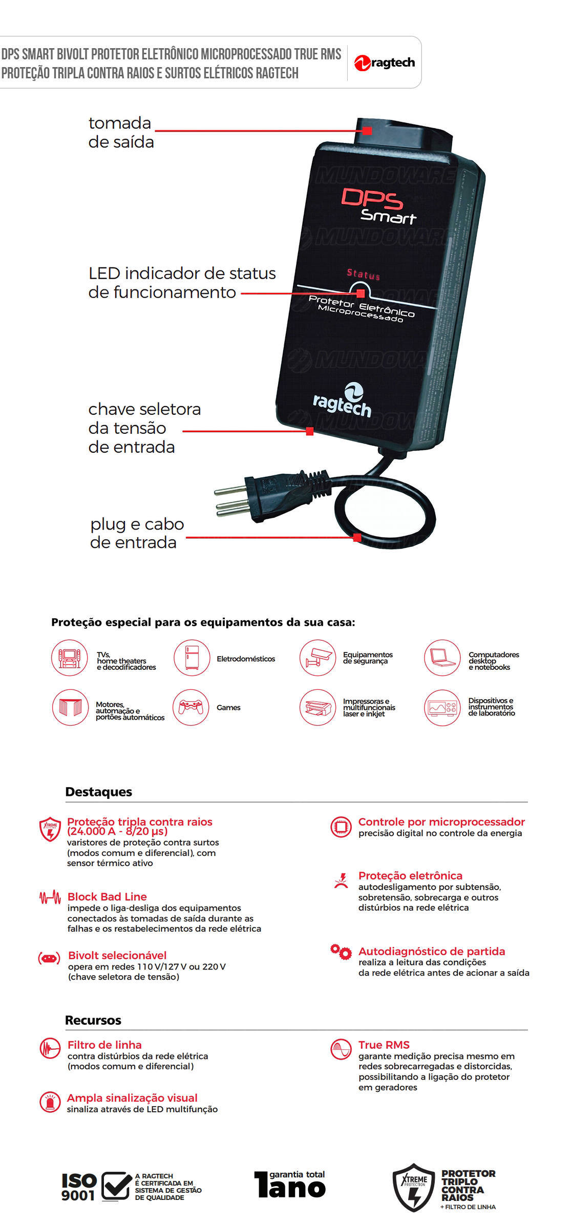DPS Smart Bivolt Protetor Eletrônico Microprocessado True RMS Proteção Tripla contra Raios e Surtos Ragtech