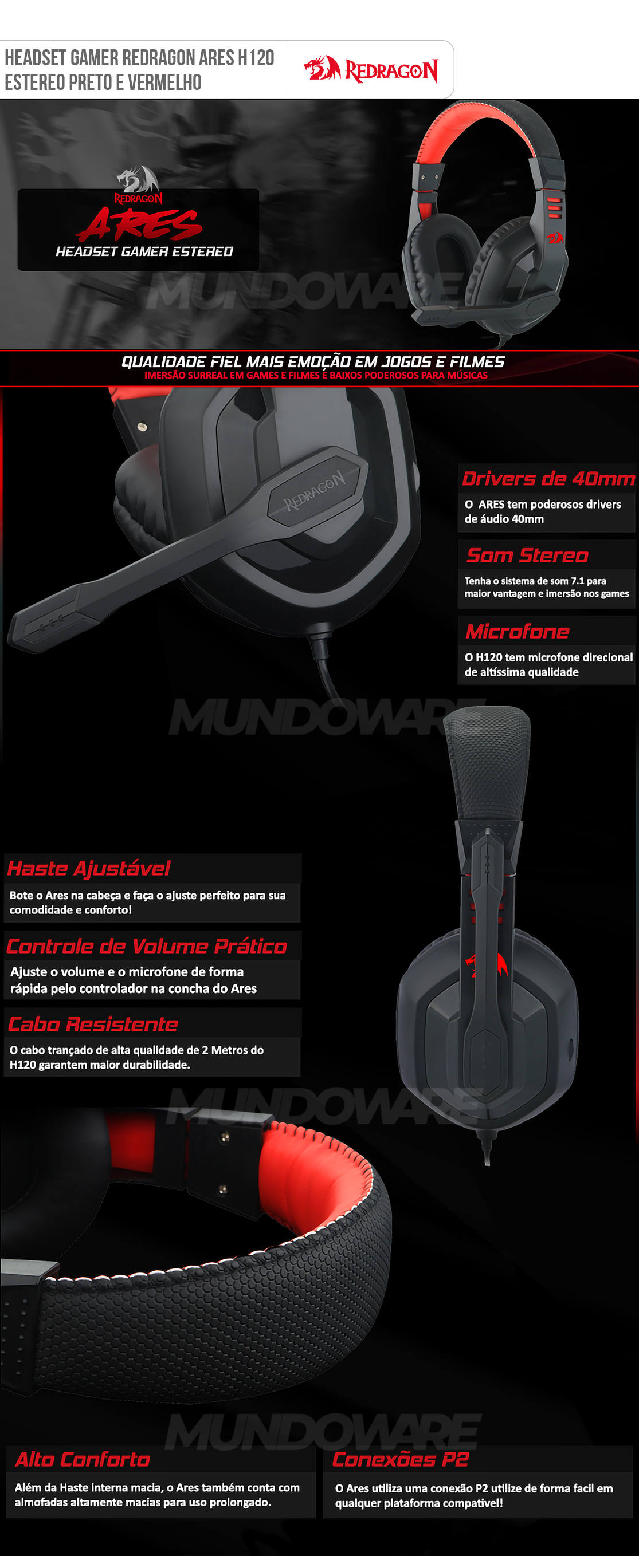 Headset Gamer Redragon Ares H120 Preto e Vermelho Estéreo Microfone Ajustável c/ Cancelamento de Ruídos