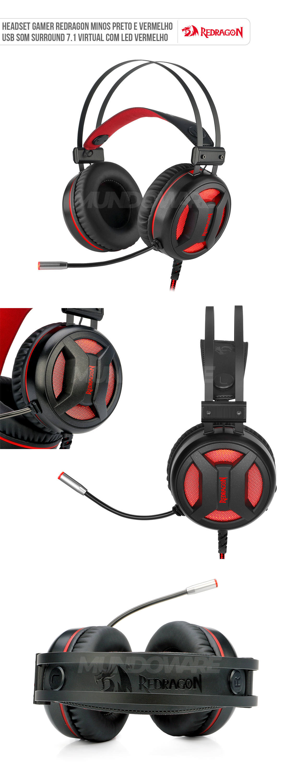 Headset Gamer Redragon Minos H210 Preto USB Driver 50mm Som Surround 7.1 com LED Vermelho