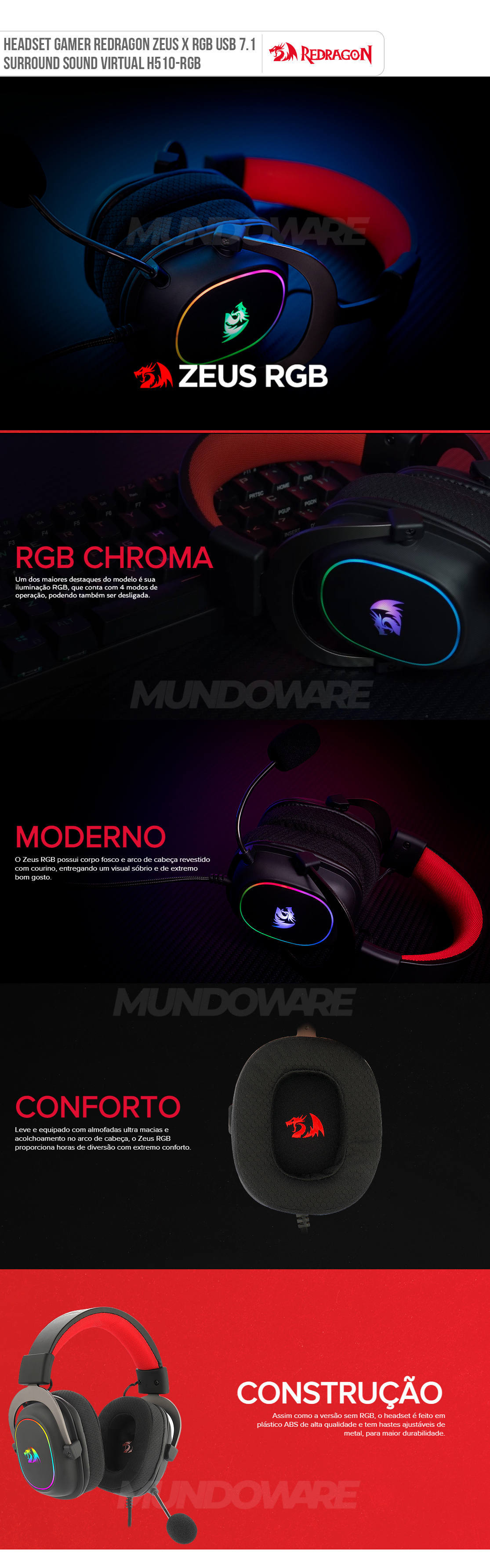 Headset Gamer Redragon Zeus X RGB Surround 7.1 USB LED RGB Chroma Mk.II Microfone com Redução de Ruído H510-RGB