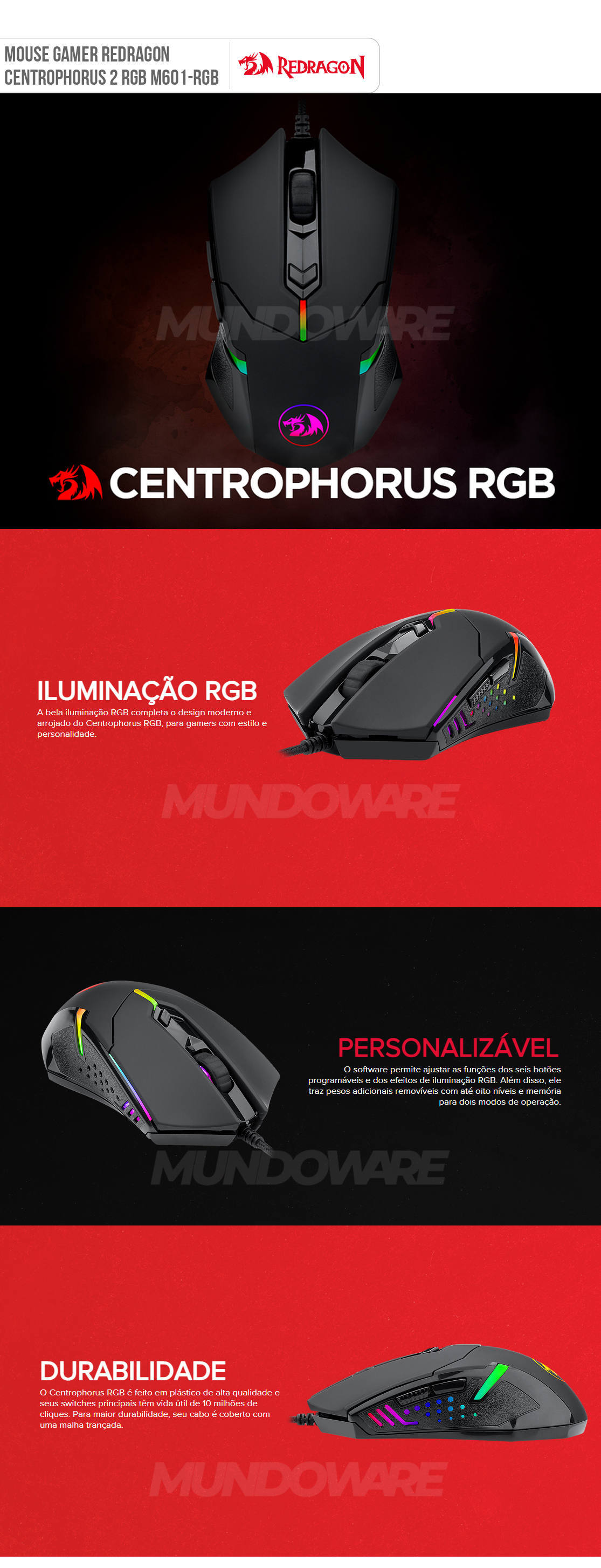 Mouse Redragon Centrophorus 2 Gamer 7200DPI Software para Macros Ajuste de Peso Avançado 6 Botões Programáveis M601-RGB