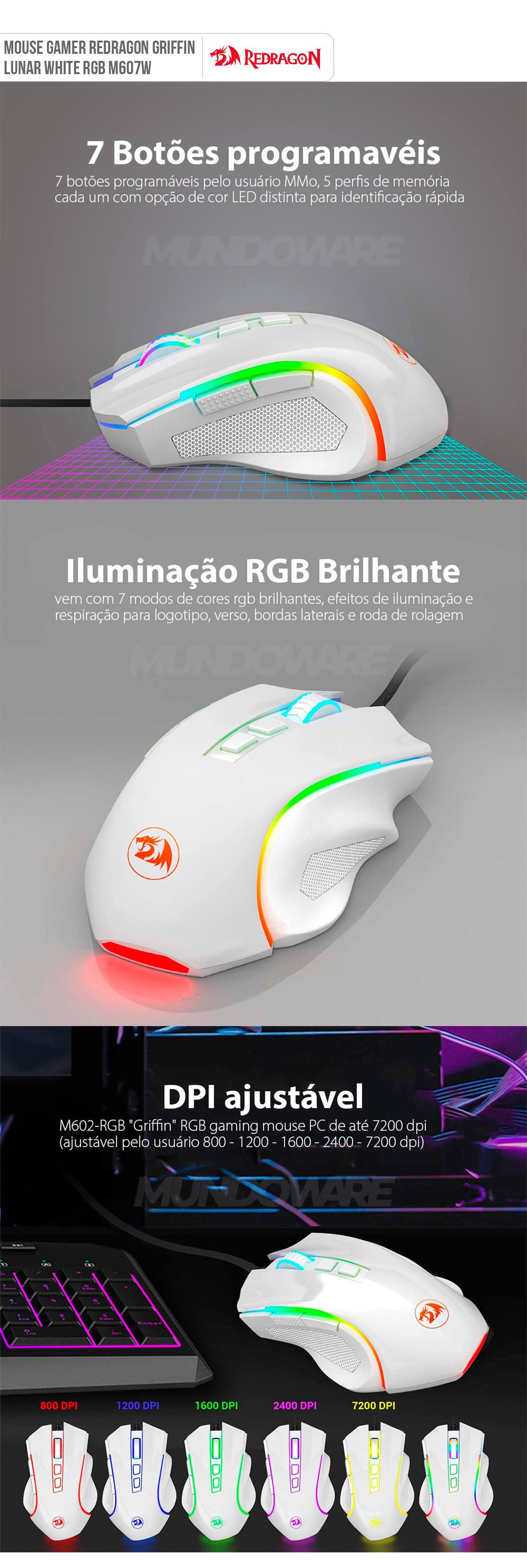 Mouse Gamer Redragon Griffin Lunar White RGB 6 Botões Programáveis Tempo de Resposta Ajustável via Software M607W