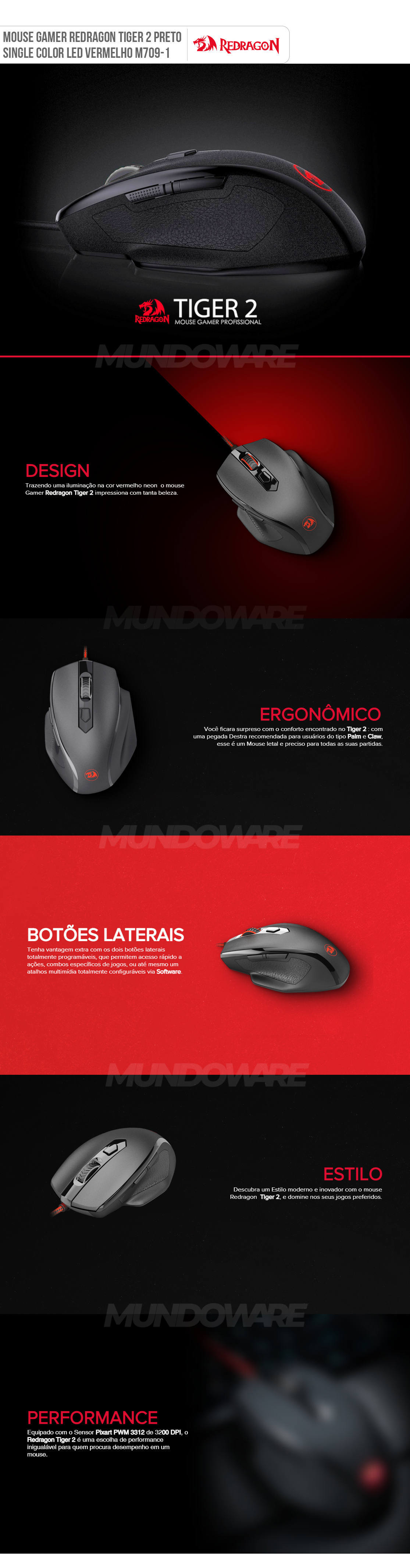 Mouse Gamer Redragon Tiger 2 Pegada Ultra Confortável 5 botões programáveis Software para Macro M709-1 Preto