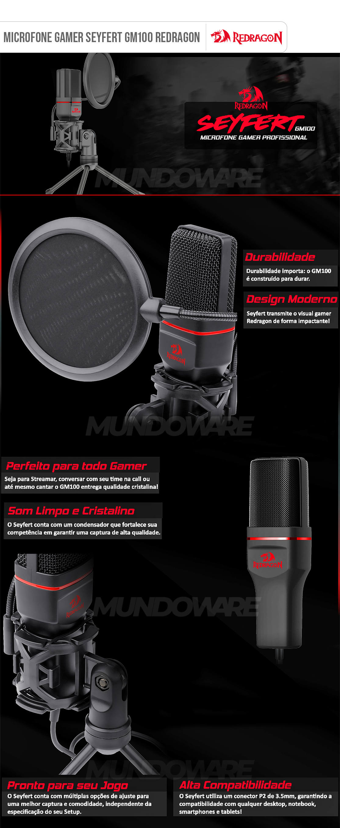 Microfone Gamer Seyfert GM100 Redragon com Pop-filter e Tripé Portátil Rotativo e Dobrável