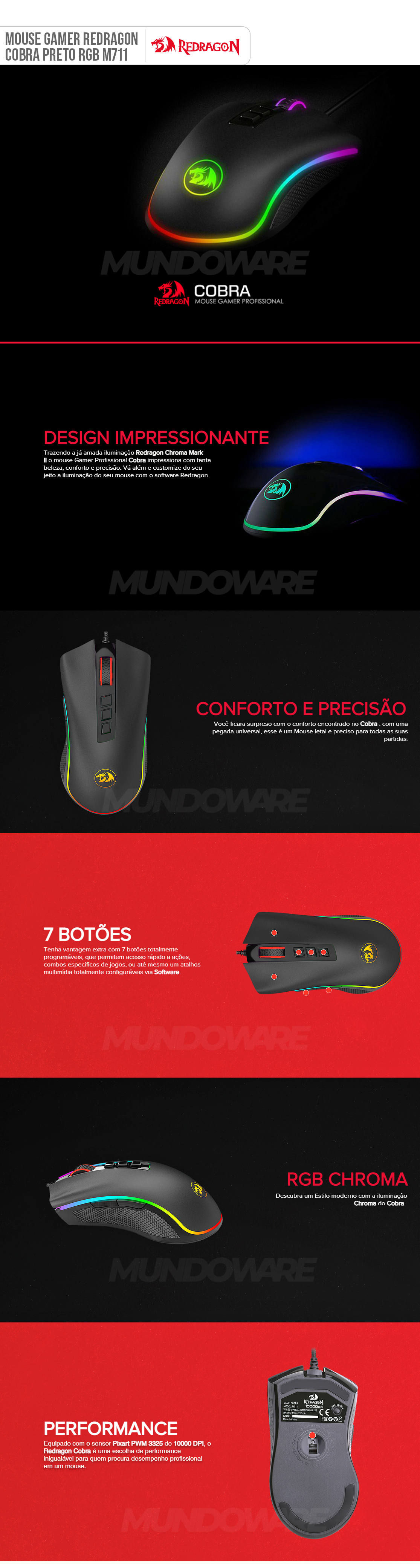 Mouse Gamer Redragon Cobra Preto RGB M711 até 10000 DPI 7 Botões Programáveis Sensor 20G 100IPS Software para Macro