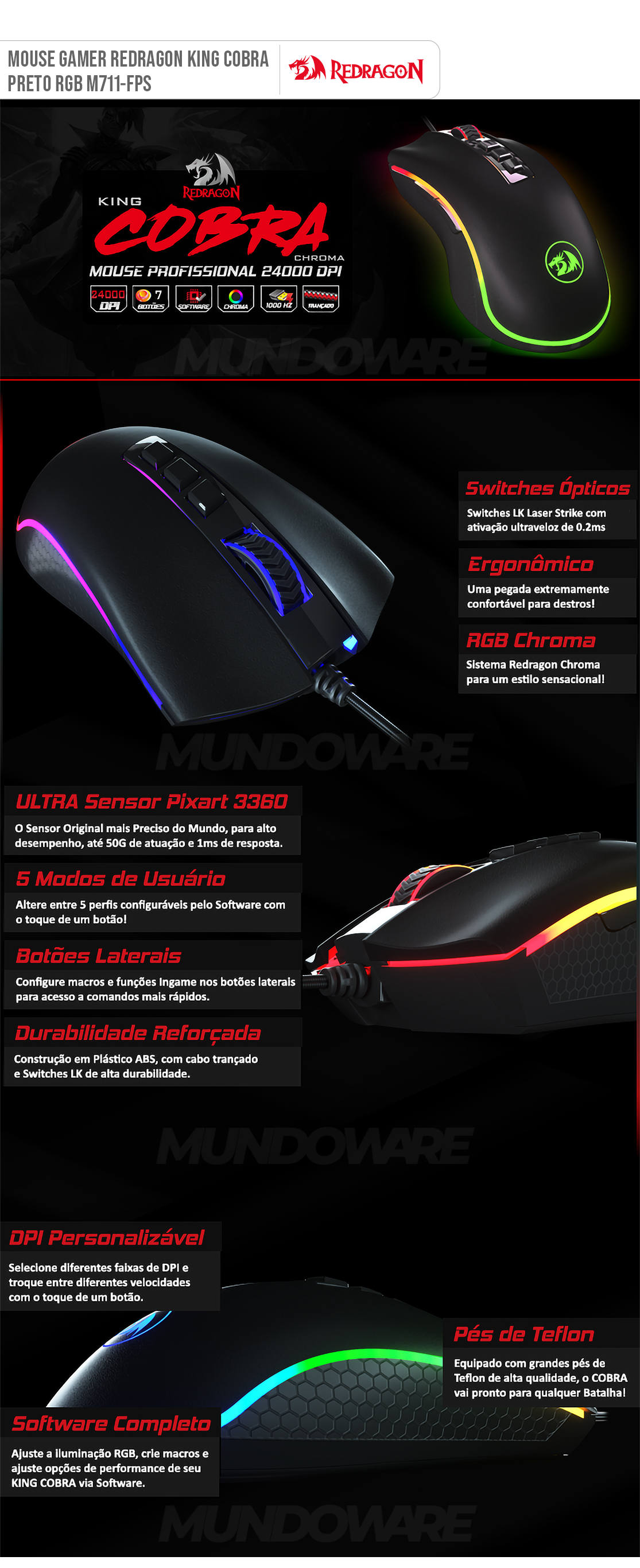 Mouse Redragon King Cobra RGB M711-FPS Gamer Profissional Switches Ópticos 7 Botões Programáveis 24000DPI 50G 250ips