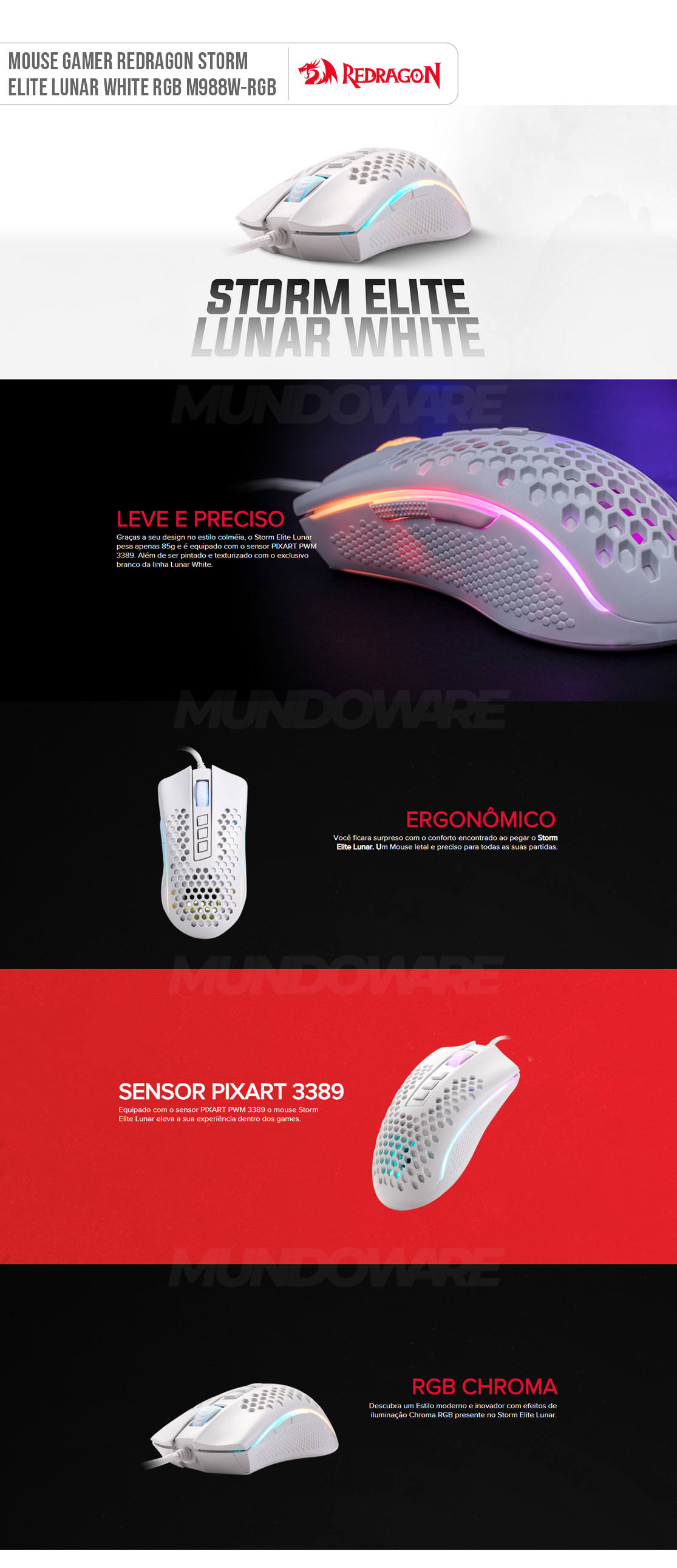 Mouse Redragon Storm Elite Lunar White M988W-RGB Gamer Design Honeycomb Colméia Ultraleve 16000DPI 8 Botões Programáveis