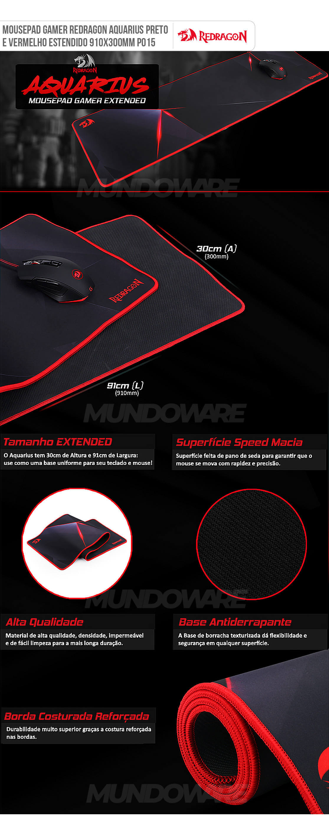 Mousepad Redragon Aquarius 910x300mm Preto e Vermelho Superfície Speed Base Anti-derrapante P015 Gamer