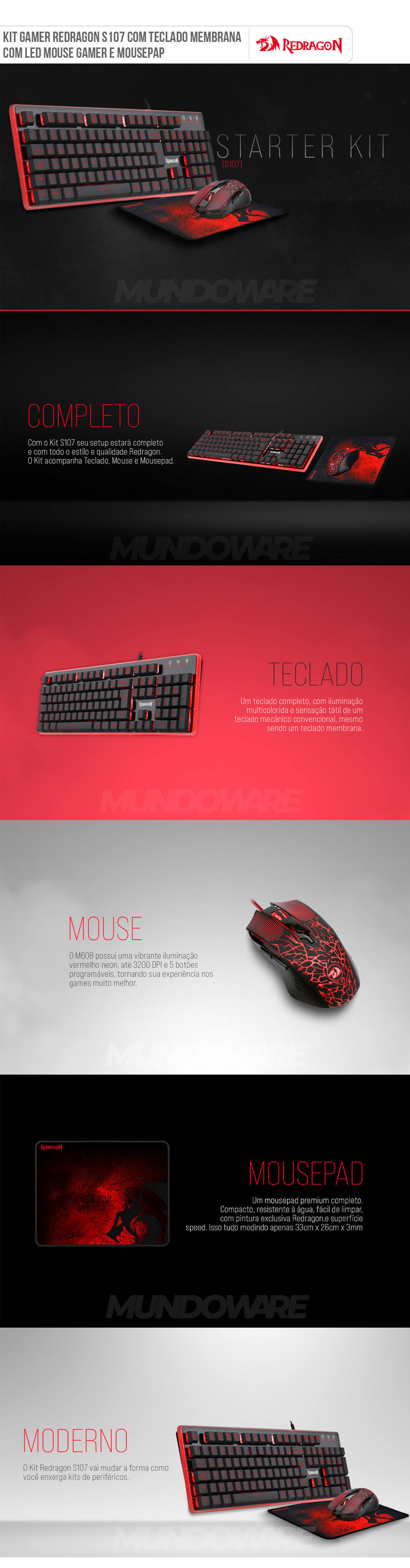 Kit Gamer Redragon S107 com Teclado Membrana ABNT2 Anti-Ghosting 25 teclas + Mouse Gamer + Mousepad Speed 330x260x3mm