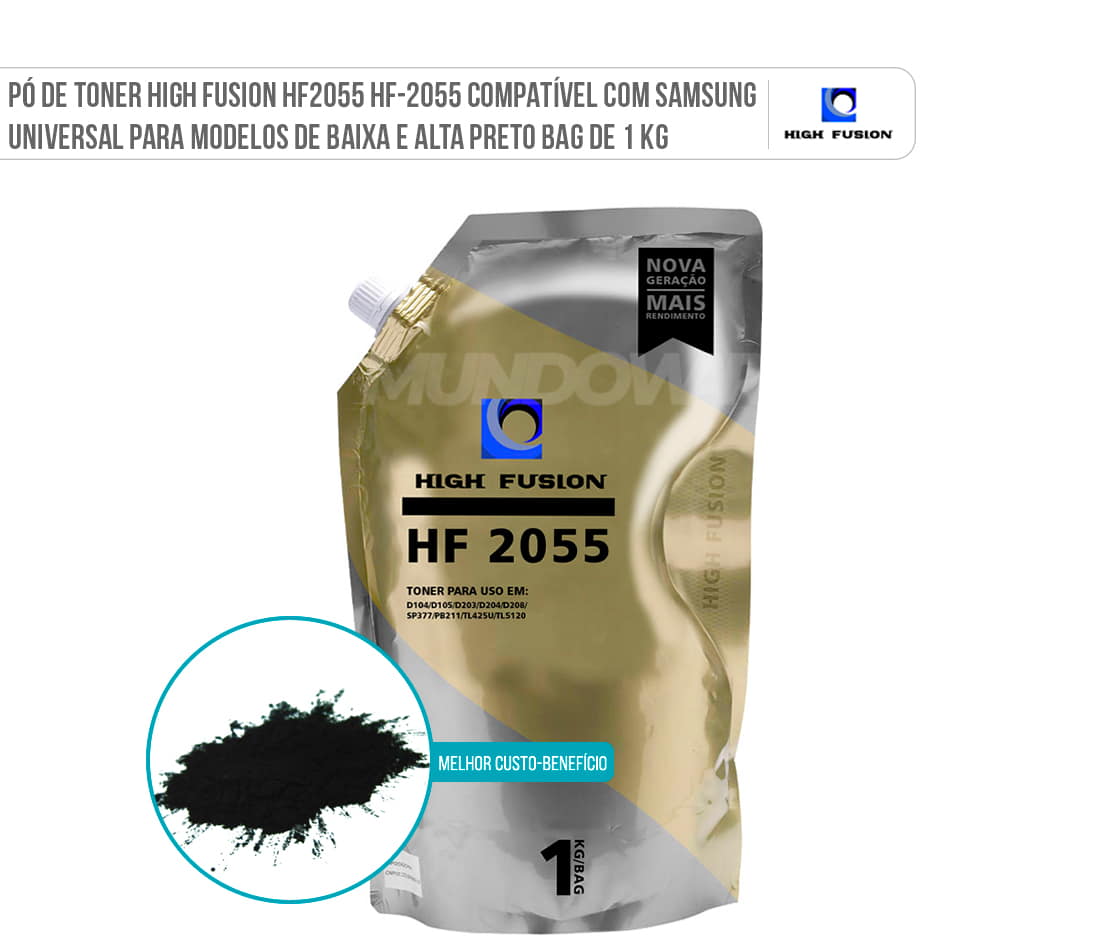 Pó de Toner High Fusion HF2055 HF-2055 Compatível com Samsung Universal D104 D105 D203 D204 D205 D208 Preto Bag 1 Kg