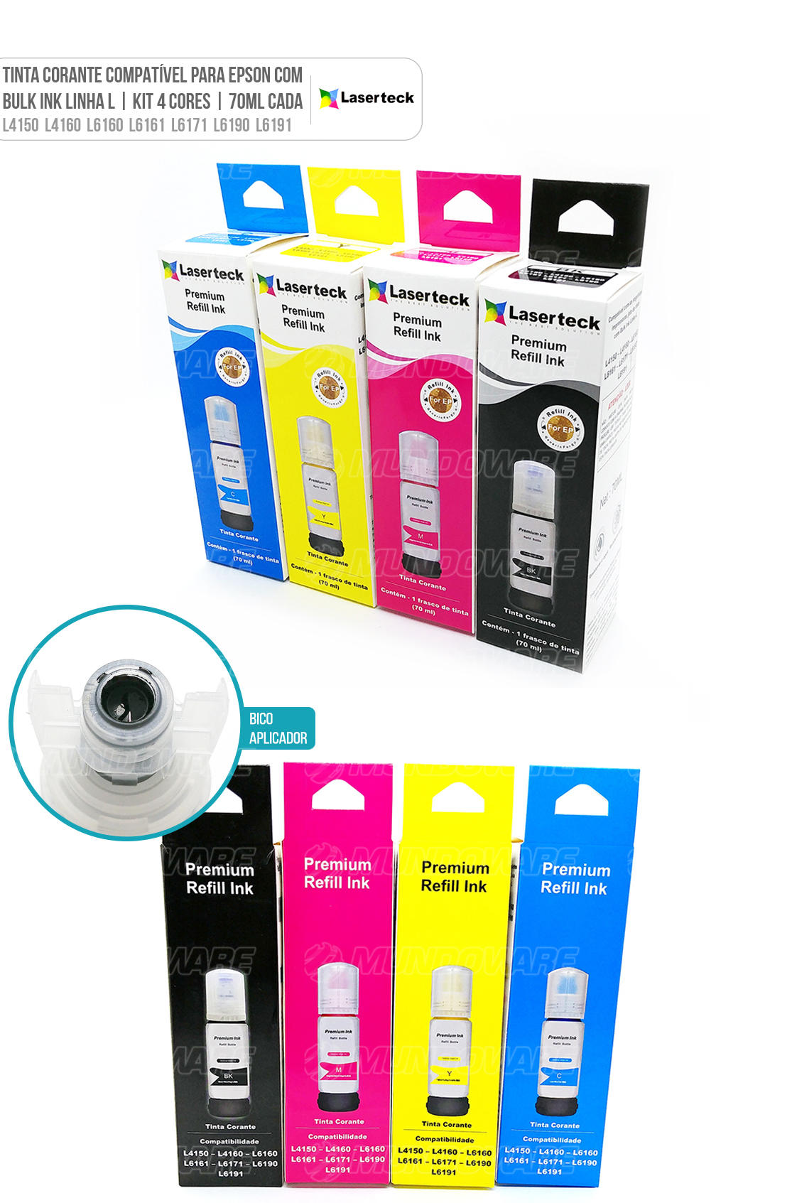 Kit Colorido 4 cores de Tinta Corante Compatível para impressora Jato de Tinta com Bulk Ink Linha L modelos L4150 L4160 L6160 L6161 L6171 L6190 L6191 L 4150 L 4160 L 6160 L 6161 L 6171 L 6190 L 6191
