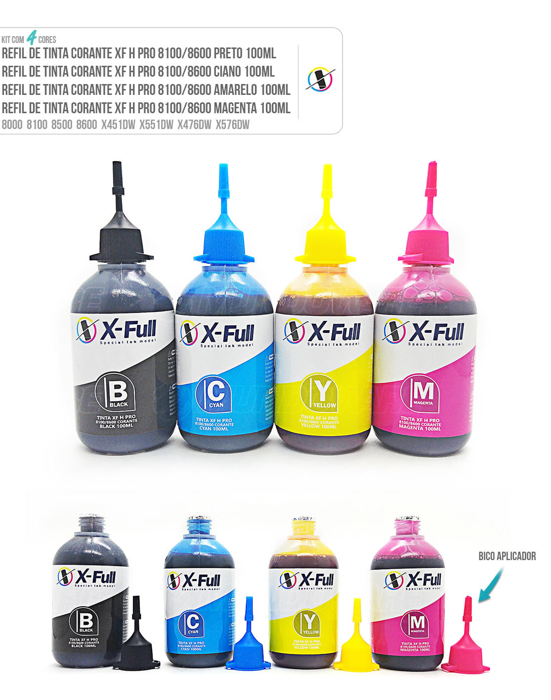 Kit Colorido 4 cores de Tinta Corante para Bulk-ink Tanque de Tinta impressora 8000 8100 8500 8600 X451dw X551dw X476dw X576dw
