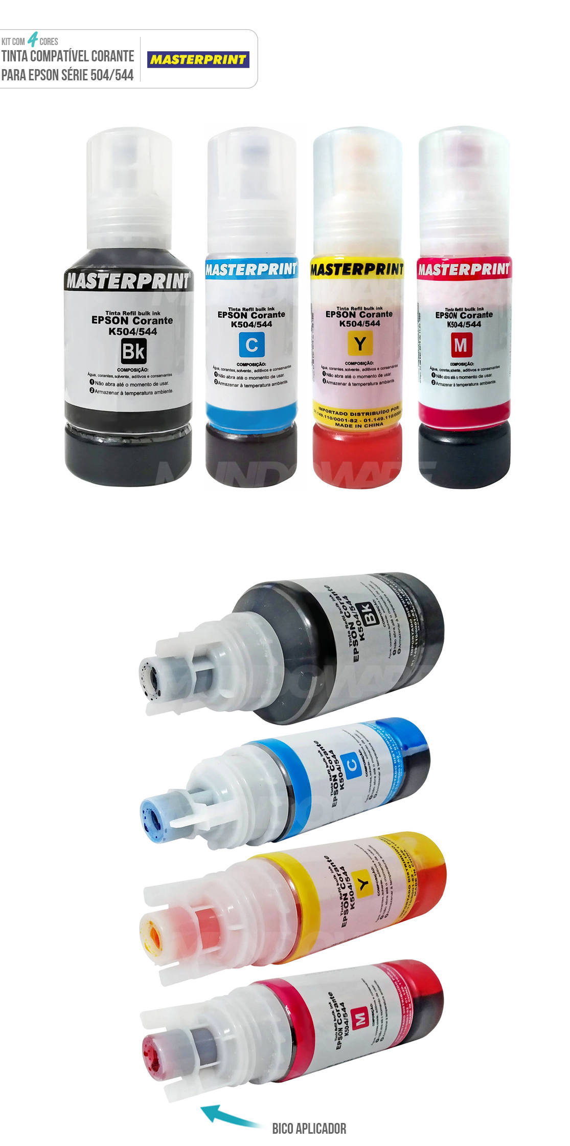Kit Colorido Tinta Masterprint Compatível com 504 / 544 Corante para Epson L3110 L3150 L3250 L4150 L6168