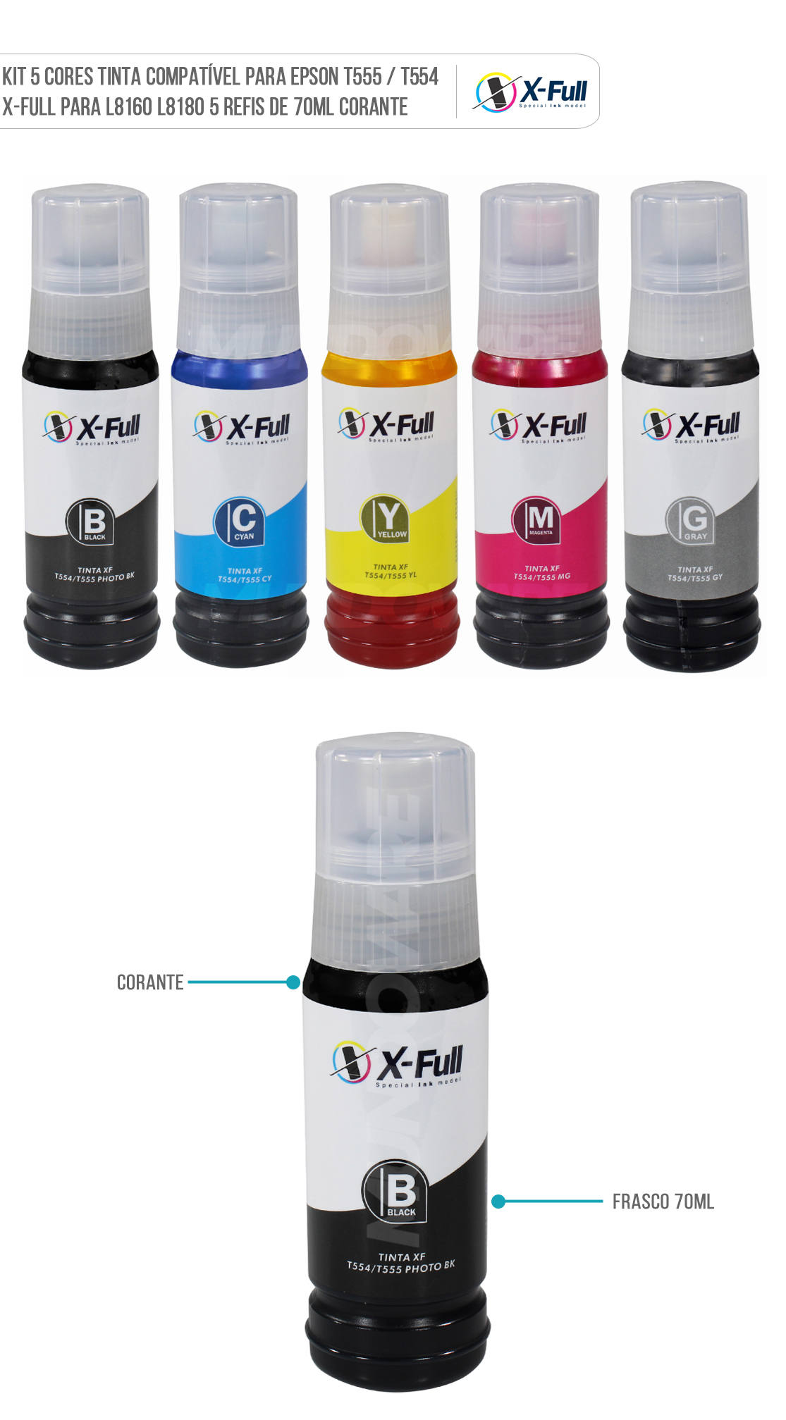 Kit 4 Cores Tinta Compatível para Epson 555 / 554 X-Full Corante para Impressoras L8160 L8180 L 8160 L 8180 4x70ML