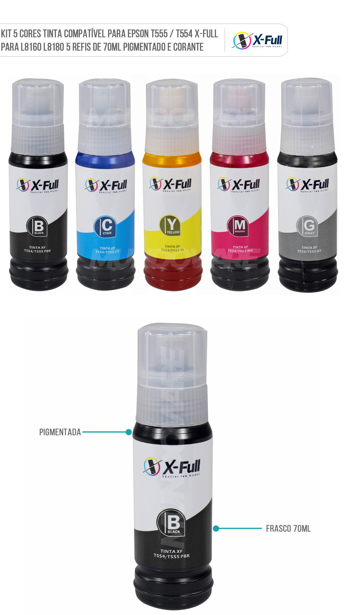 Kit 5 Cores Tinta Compatível para Epson 555 / 554 X-Full para L8160 L8180 5x70ml Preto Pigmentado e Coloridas Corante