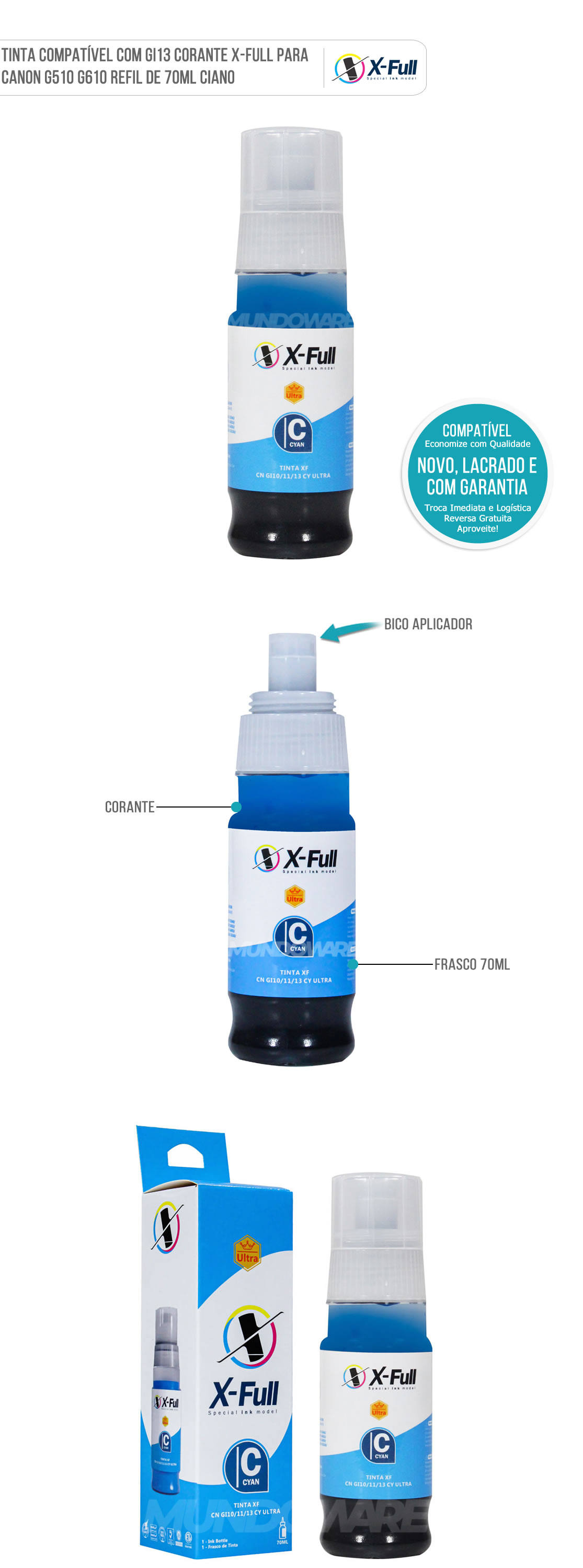 Tinta X-Full Compatvel com GI13 GI-13 Ciano Corante para Impressoras Canon G510 G610 G-510 G-610 Garrafa de 70ml