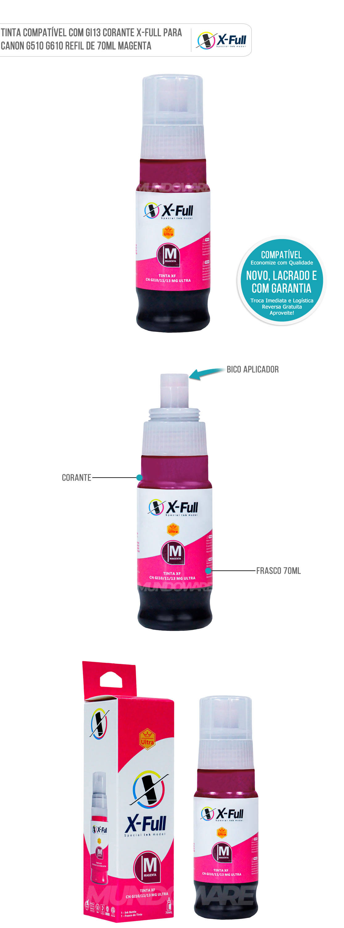 Tinta X-Full Compatvel com GI13 GI-13 Magenta Corante para Impressoras Canon G510 G610 G-510 G-610 Garrafa de 70ml