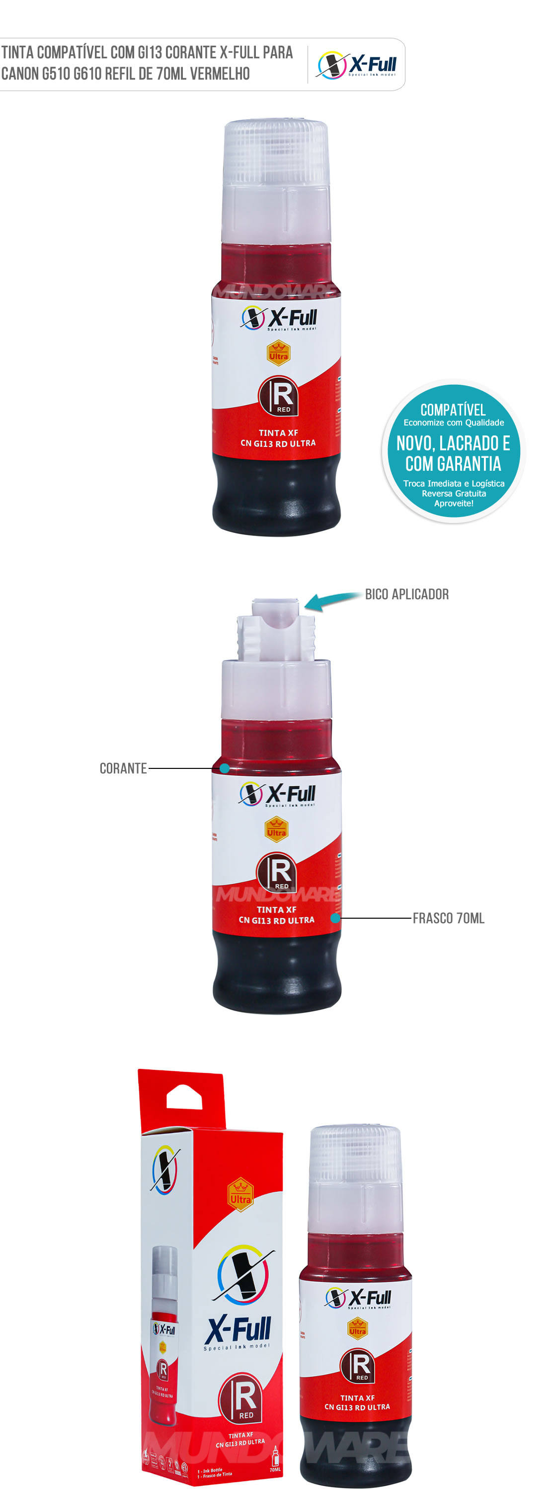 Tinta X-Full Compatível com GI13 GI-13 Vermelho Corante para Impressoras Canon G510 G610 G-510 G-610 Garrafa de 70ml
