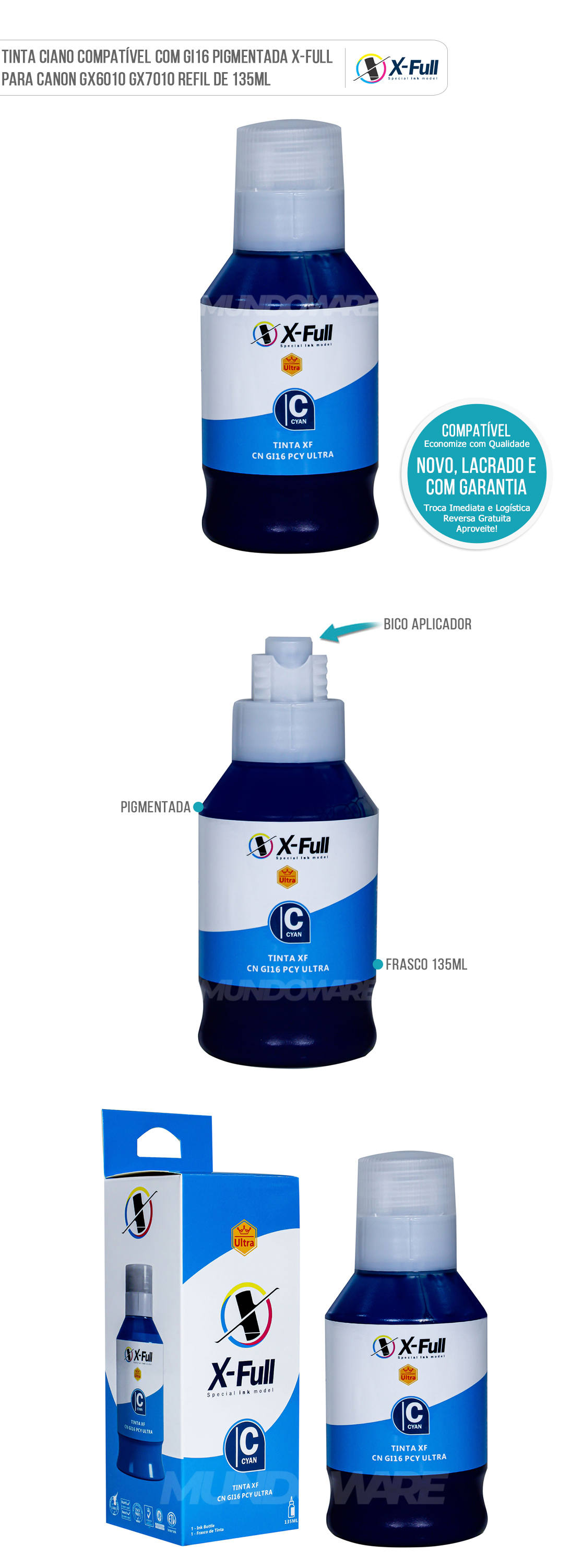 Tinta Ciano Pigmentada X-Full Compatvel com GI16 GI-16 para Canon GX6010 GX7010 GX-6010 GX-7010 Garrafa de 135ml