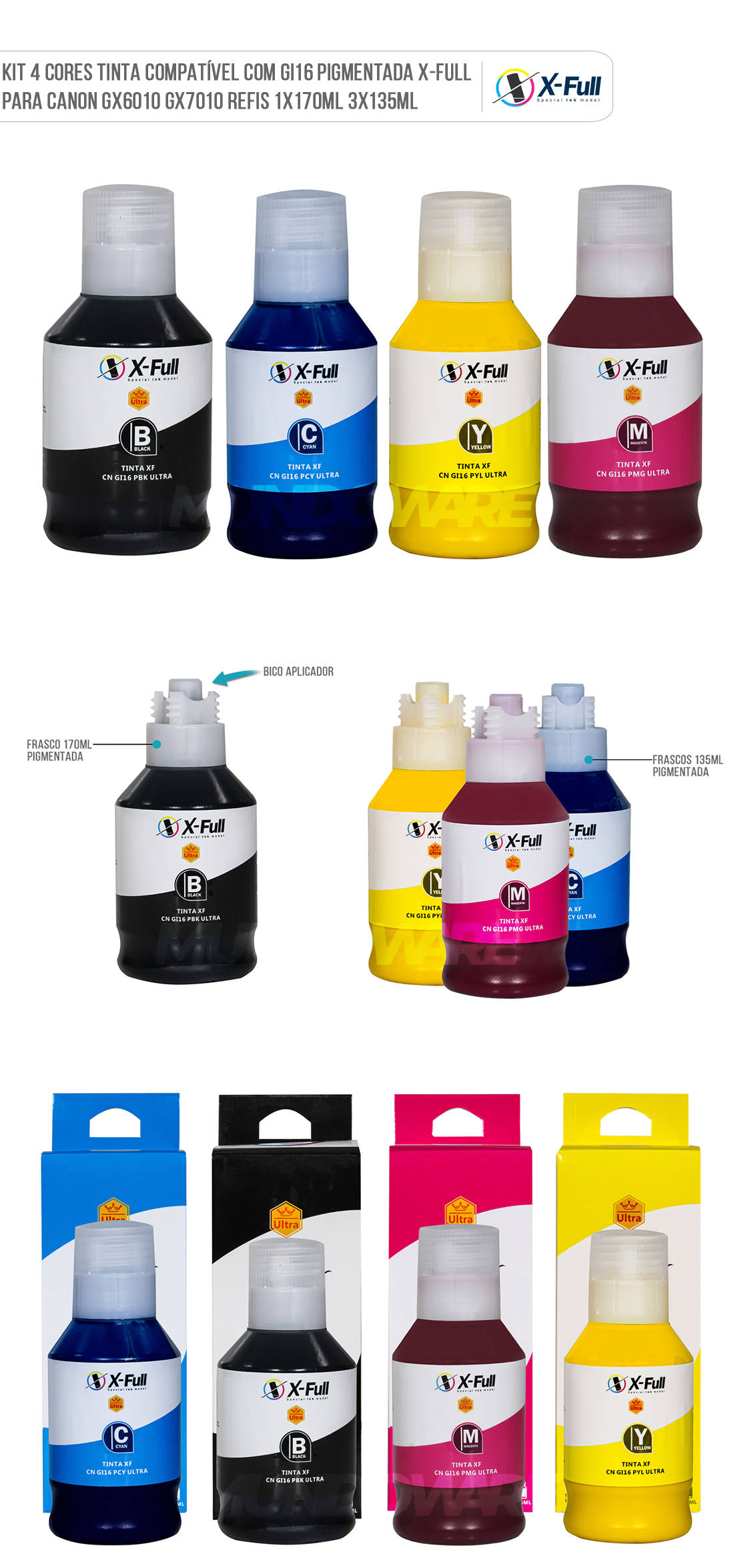 Kit Colorido Tinta Pigmentada X-Full Compatível com GI16 GI-16 para Impressoras Canon GX6010 GX7010 GX-6010 GX-7010 Kit 4 Cores Tinta Pigmentada X-Full Compatível com GI16 GI-16 para Impressoras Canon GX6010 GX7010 GX-6010 GX-7010