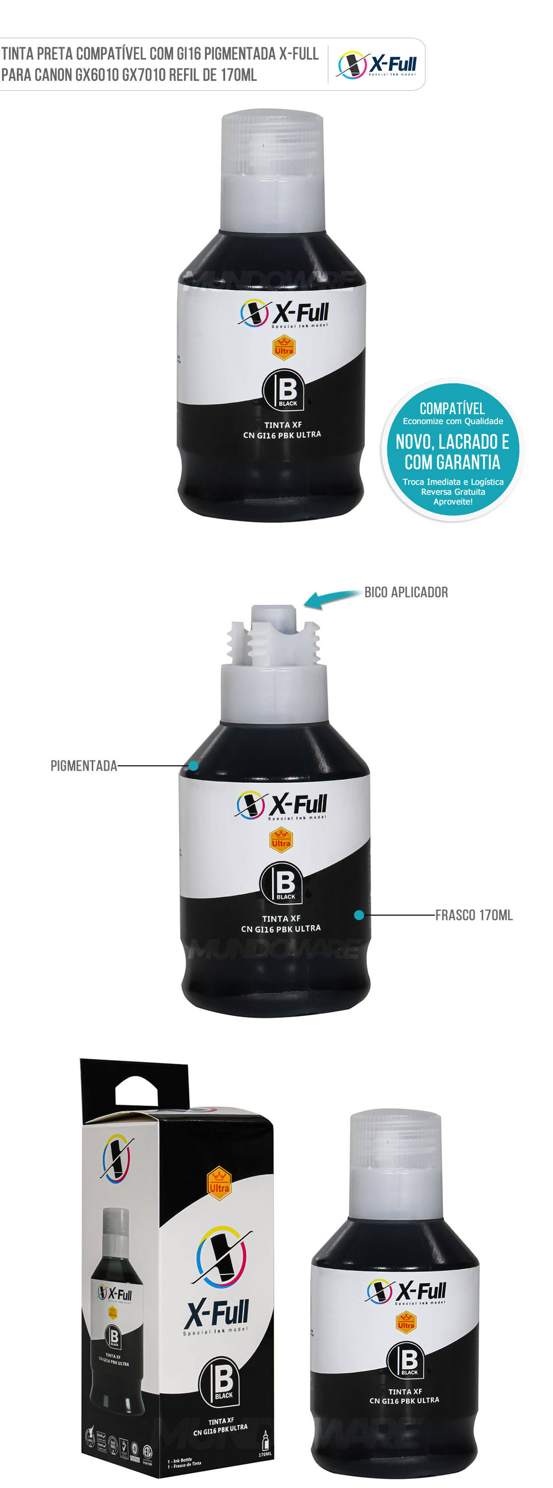 Tinta Preta Pigmentada X-Full Compatível com GI16 GI-16 para Canon GX6010 GX7010 GX-6010 GX-7010 Garrafa de 170ml
