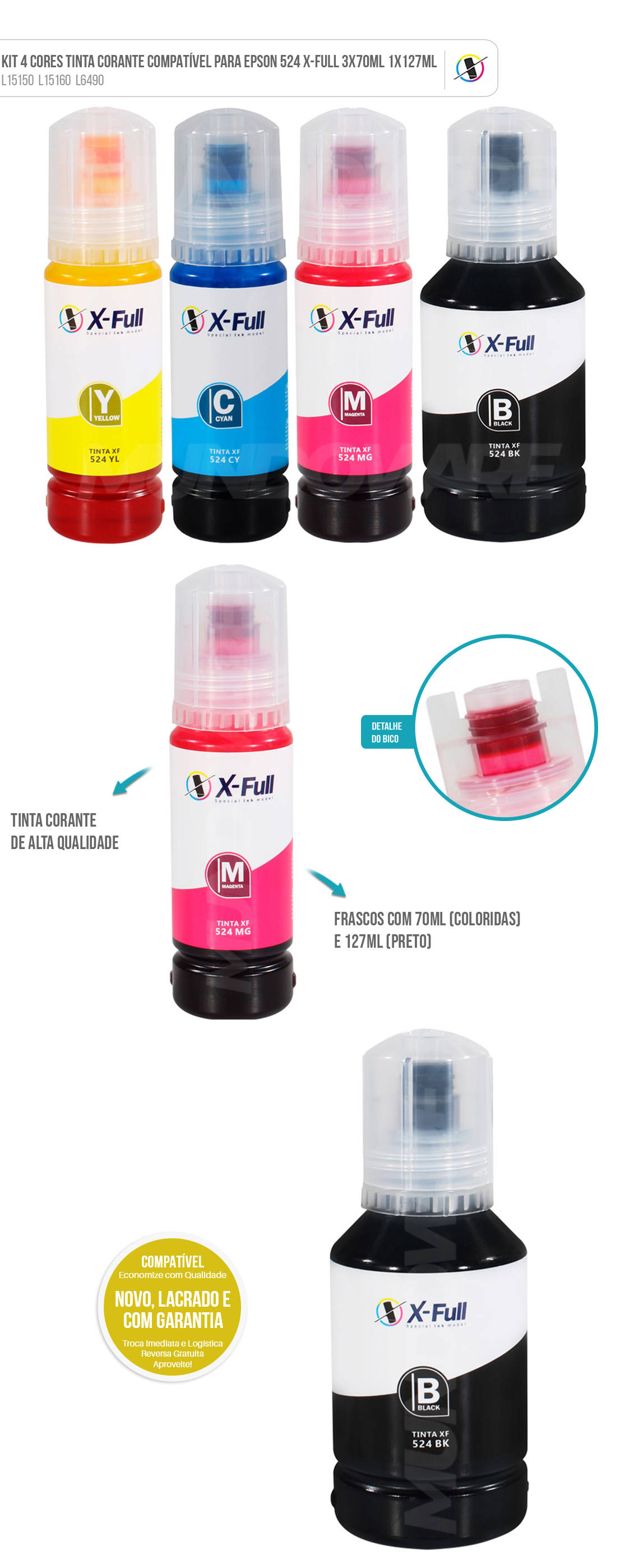 Kit Colorido Tinta Corante Compatível para Epson 524 X-Full para L15150 L15160 L6490 L 15150 15160 6490 1x127ml 3x70ml Kit 4 Cores Tinta Corante Compatível para Epson 524 X-Full para L15150 L15160 L6490 L 15150 15160 6490 1x127ml 3x70ml