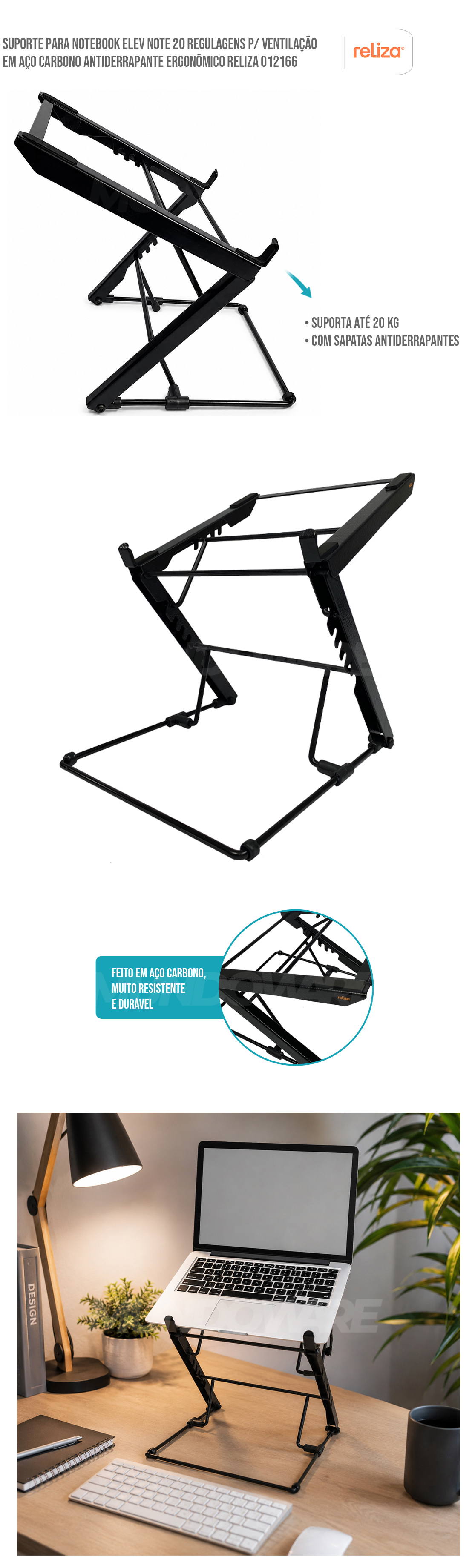 Suporte para Notebook Elev Note 20 Regulagens P/ Ventilação em Aço Carbono Antiderrapante Ergonômico Reliza 012166 Suporte para Notebook Elev Note 20 Regulagens P/ Ventilação em Aço Carbono Antiderrapante Ergonômico Reliza 012166
