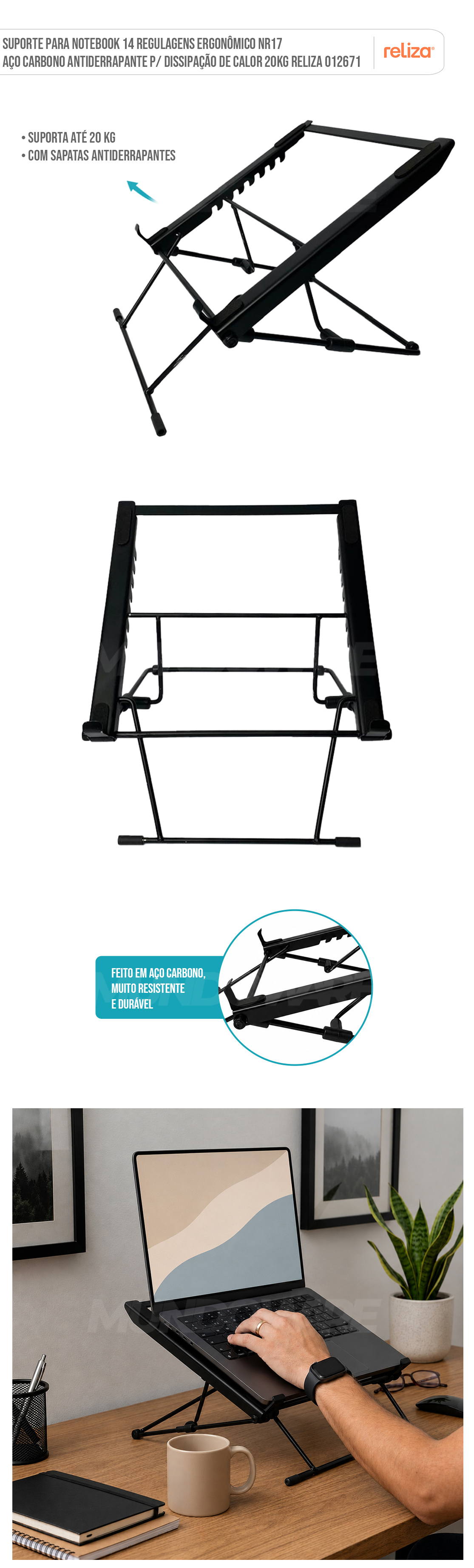 Suporte Para Notebook 14 Regulagens Ergonômico NR17 Aço Carbono Antiderrapante P/ Dissipação de Calor 20kg Reliza 012671