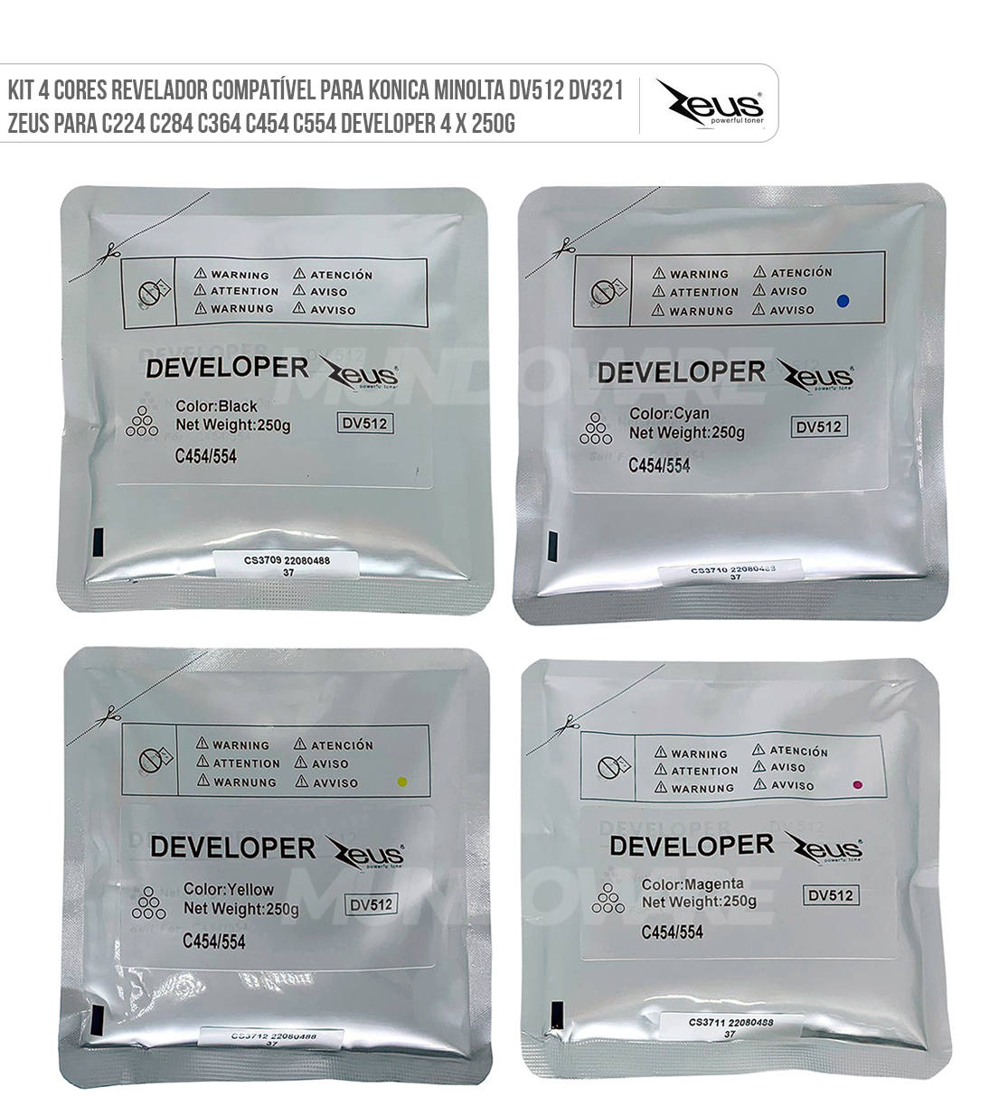 Kit 4 Cores Revelador Developer Compatível para Konica Minolta DV512 DV321 Zeus para C224 C284 C364 C454 C554 4 x 250g Kit 4 Cores Revelador Compatível para Konica Minolta DV512 DV321 Zeus para C224 C284 C364 C454 C554 Developer 4 x 250g