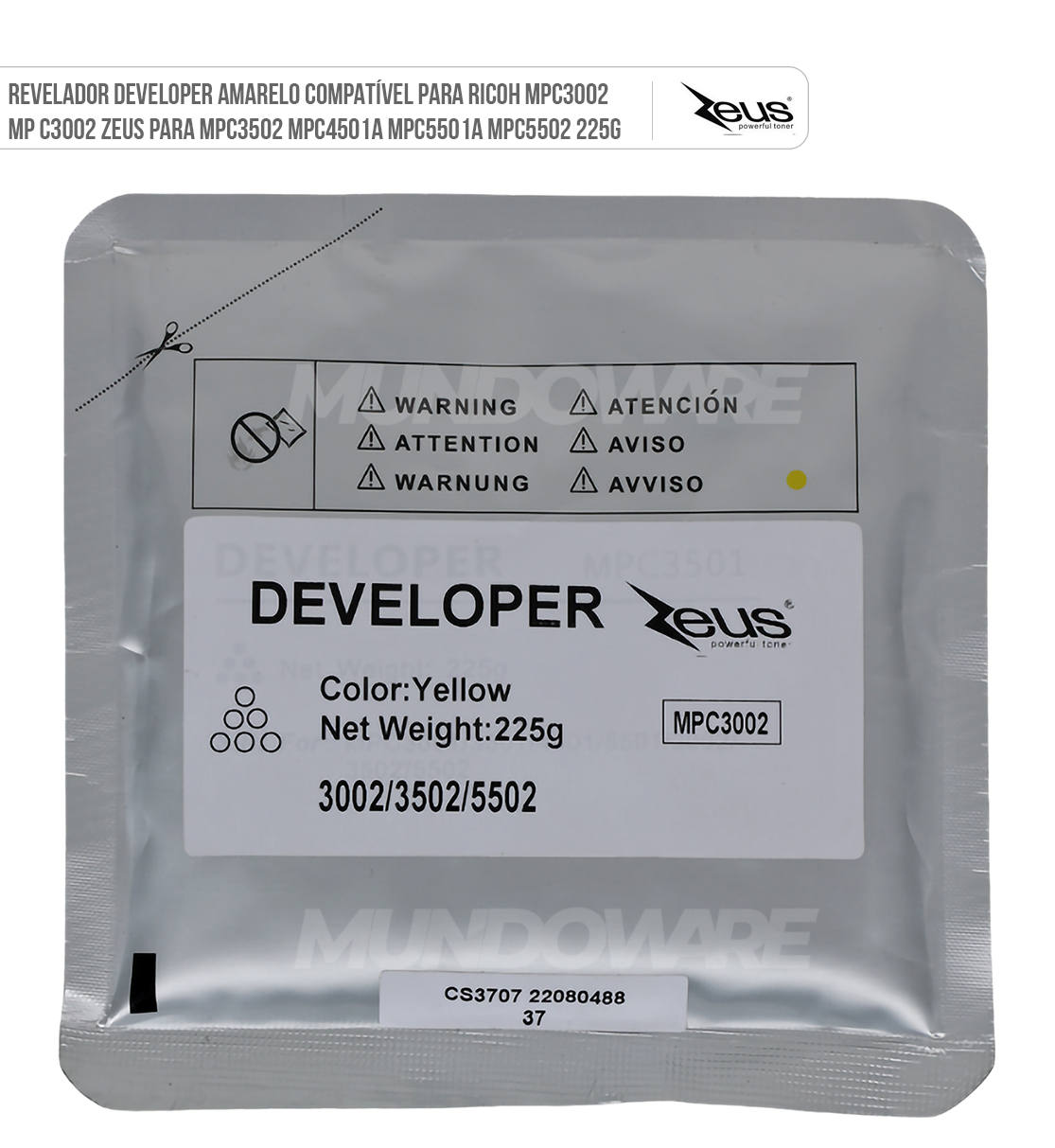 Revelador Developer Amarelo Compatível para Ricoh MPC3002 MP C3002 Zeus para MPC3502 MPC4501A MPC5501A MPC5502 225g