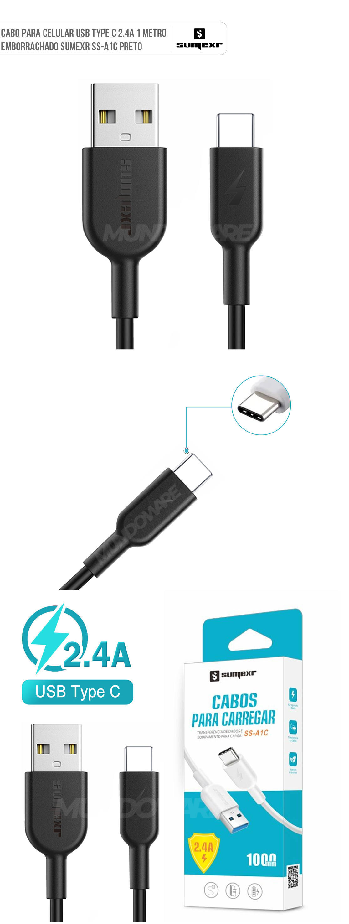 Cabo para Celular USB Type-C 2.4A 1 Metro Emborrachado e Resistente Sumexr SS-A1C Preto