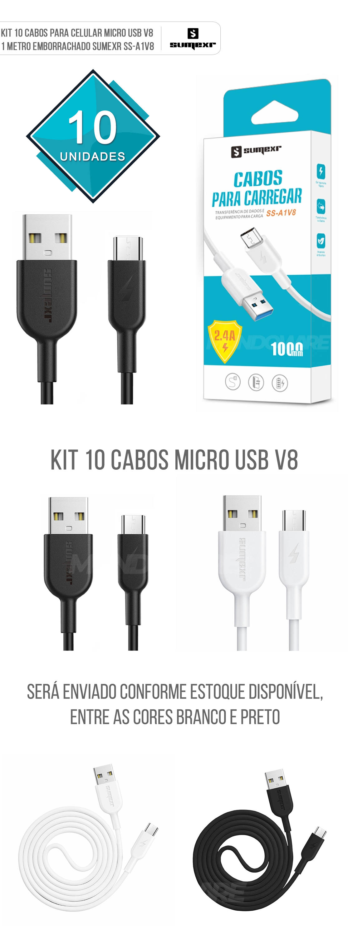 Kit 10x Cabo para Celular Micro USB V8 1 Metro Emborrachado e Resistente Sumexr SS-A1V8