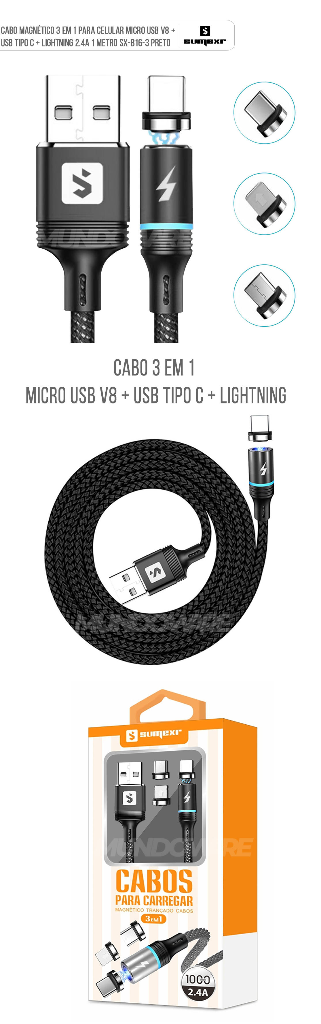 Cabo Magnético 3 em 1 para Celular Micro USB V8 + USB Tipo C + Lightning 2.4A 1 metro SX-B16-3 Preto