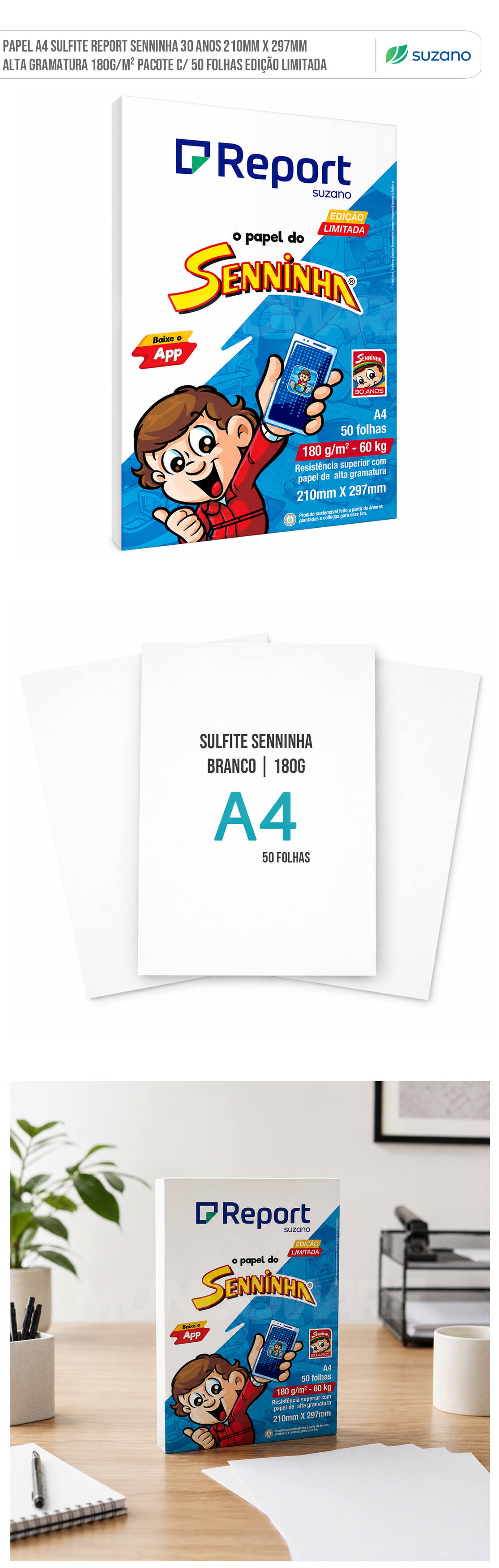 Papel A4 Sulfite Report Senninha 30 Anos 210mm x 297mm Alta Gramatura 180g/m² Pacote c/ 50 Folhas Edição Limitada