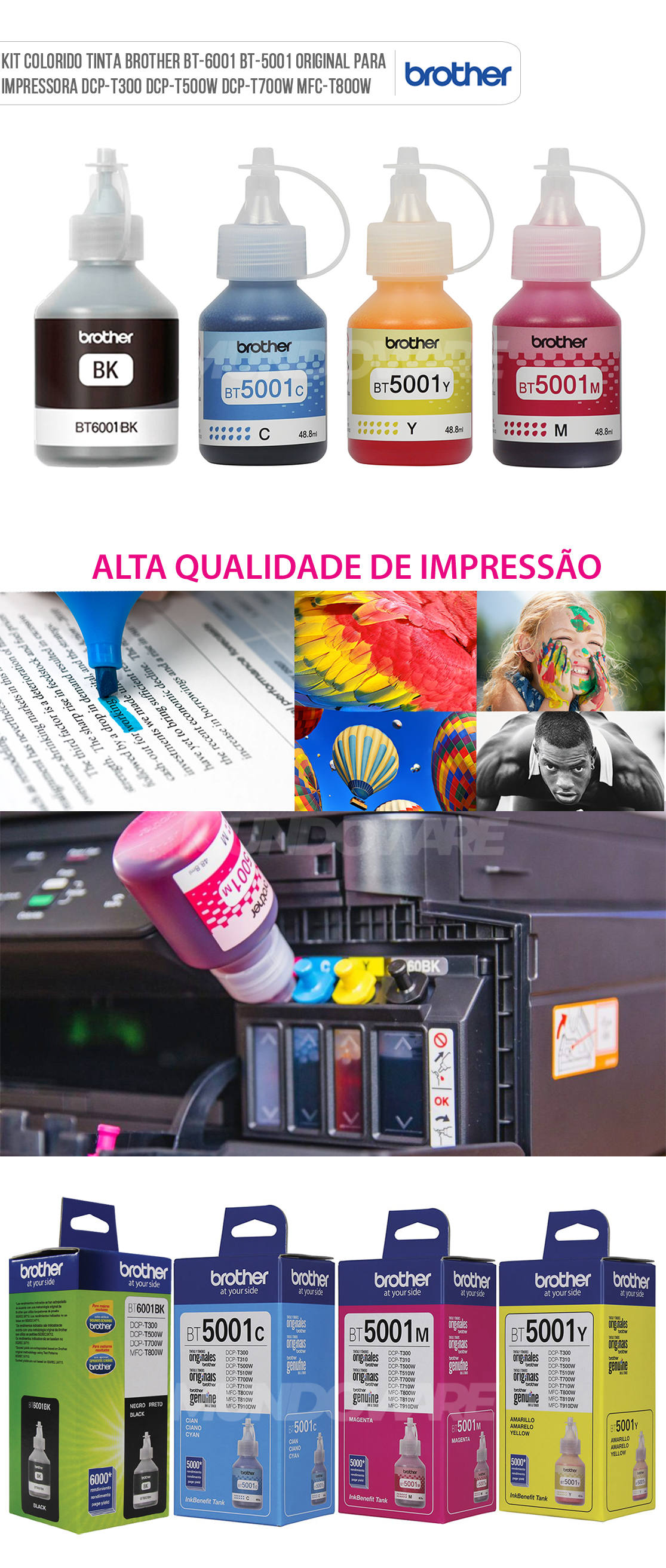 Kit Colorido Tinta Brother BT-6001 BT-5001 Original para Impressora DCP-T300 DCP-T500W DCP-T700W MFC-T800W
