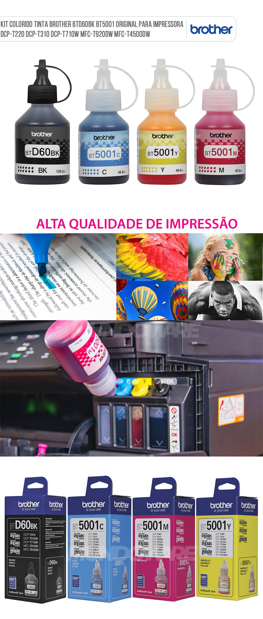 Kit Colorido Tinta Brother BT-6001 BT-5001 Original para Impressora DCP-T300 DCP-T500W DCP-T700W MFC-T800W