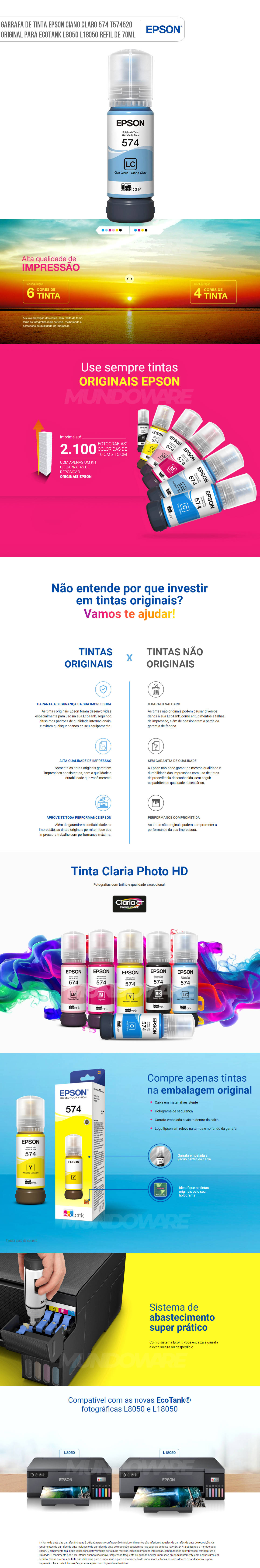 Tinta Epson Ciano Claro 574 T574520 T574520AL T574 Original para EcoTank Fotogrfica L8050 L18050 Garrafa de 70ml