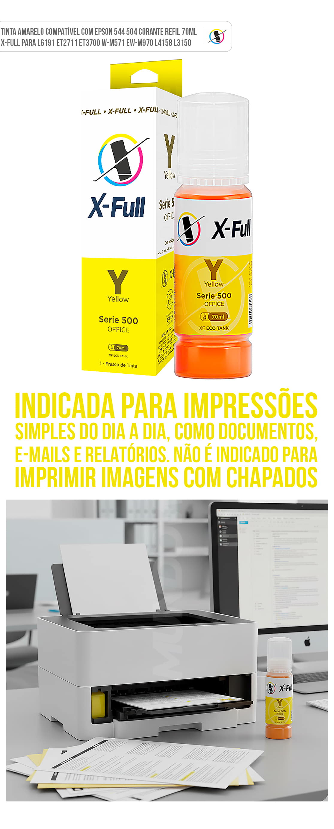 Tinta Amarelo Compatível com Epson 544 504 Corante Refil 70ml X-Full para L6191 ET2711 ET3700 W-M571 EW-M970 L4158 L3150
