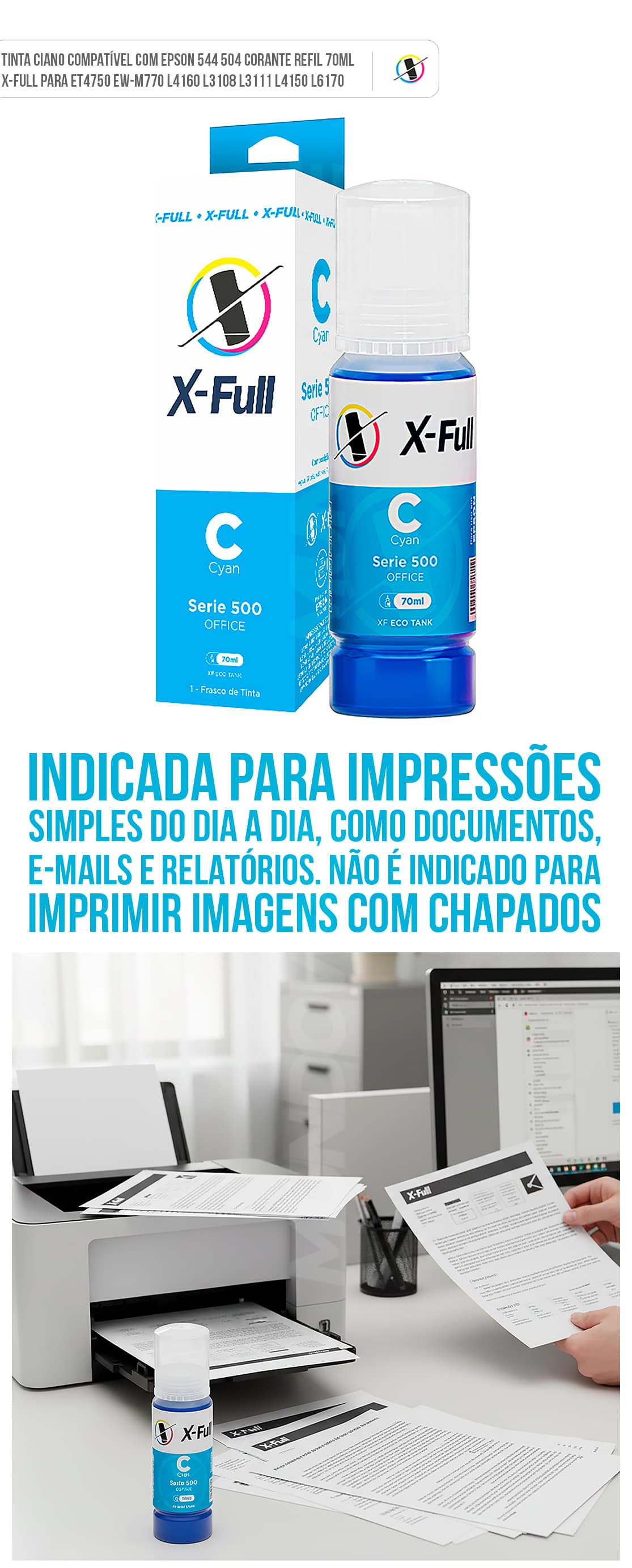 Tinta Ciano Compatível com Epson 544 504 Corante Refil 70ml X-Full para ET4750 EW-M770 L4160 L3108 L3111 L4150 L6170