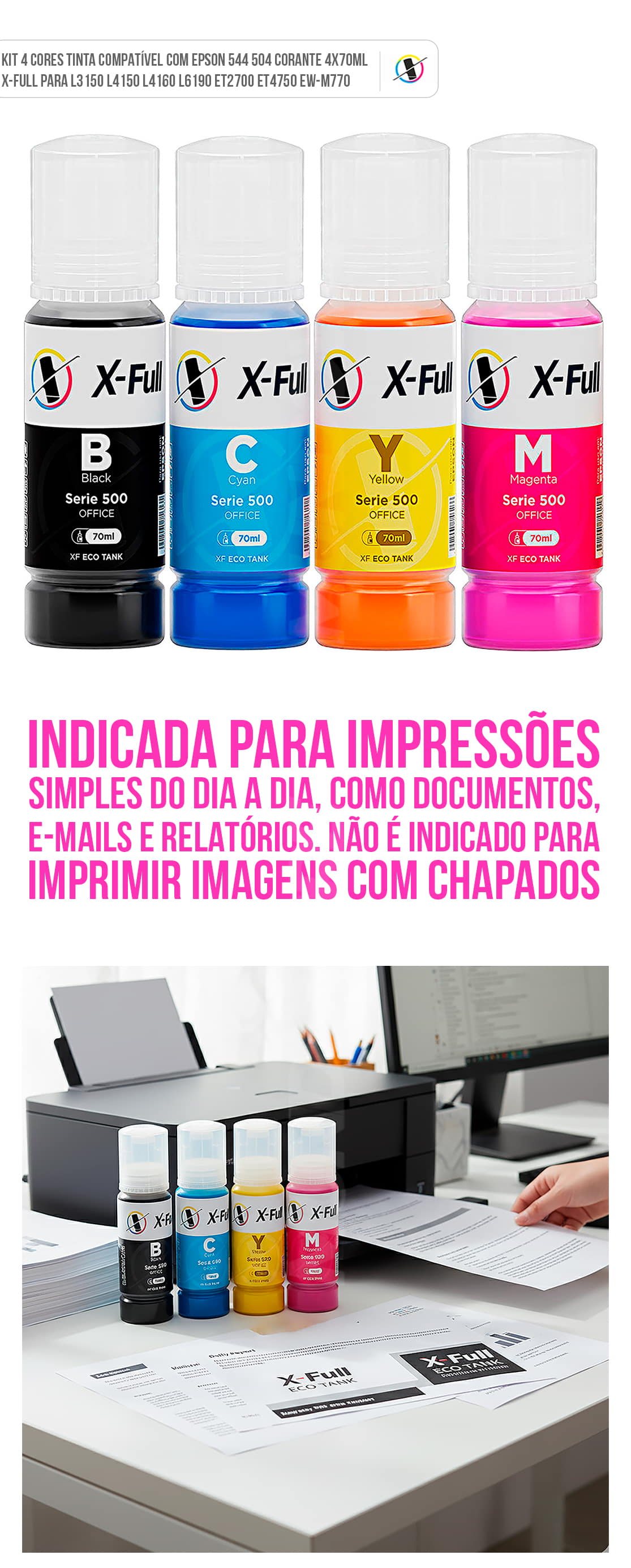Kit 4 Cores Tinta Compatível com Epson 544 504 Corante 4x70ml X-Full para L3150 L4150 L4160 L6190 ET2700 ET4750 EW-M770